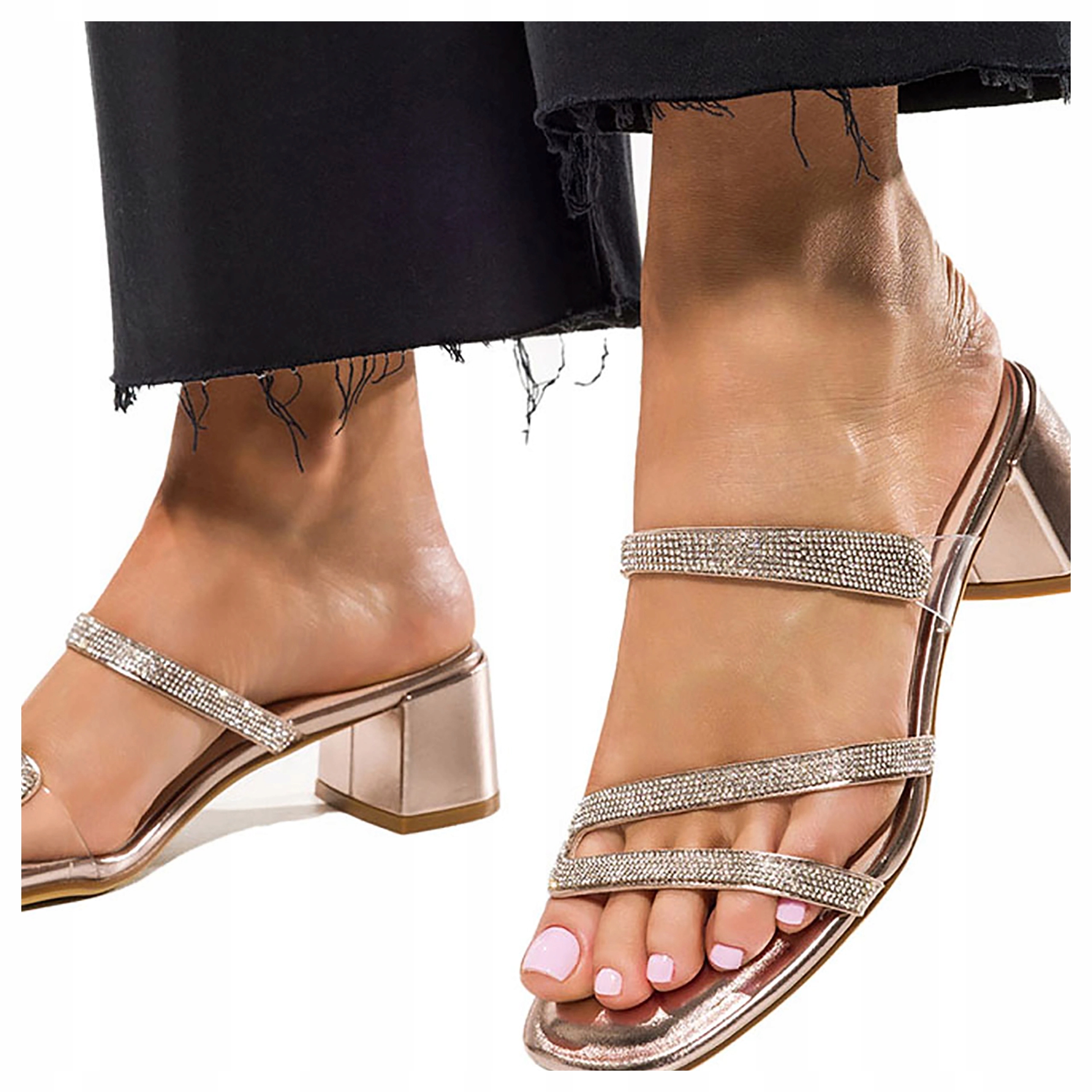 Elegantní Nazouváky Široká Ozdobná Kostka S Pásky A Zirkony, velikost 38