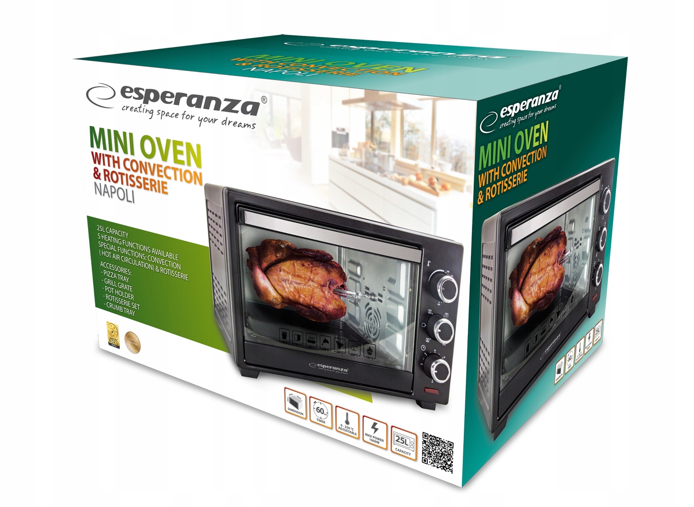 MINI PIEKARNIK ELEKTRYCZNY PROSCIUTTO 1600W 25L Model OT 2023 CR SR PRO