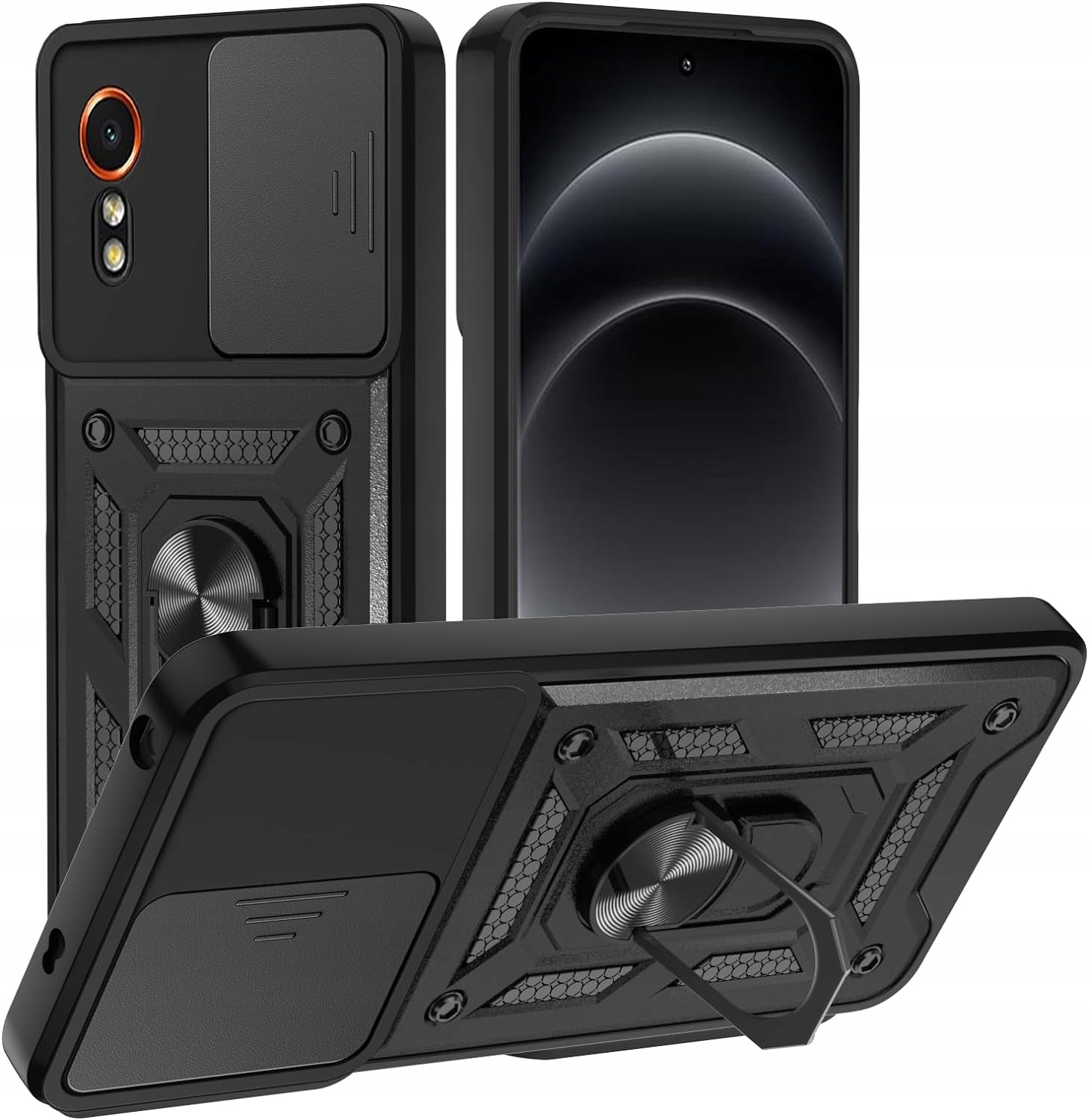 Etui Do Samsung Xcover 7 Pancerne Czarne Armor Holder Ring Szkło 9H