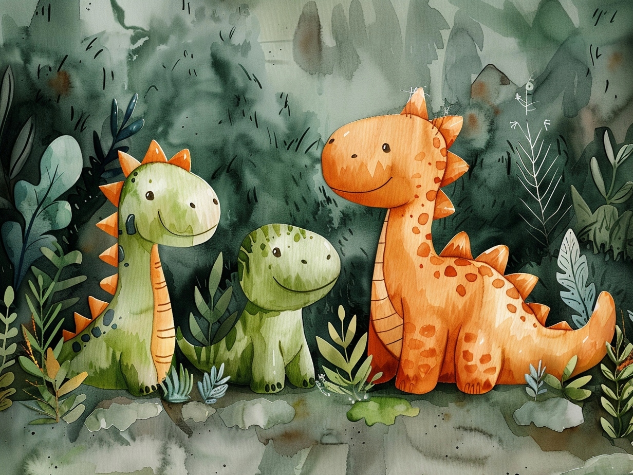 Obraz Na Plátně Akvarel Dinosauři Rodina Máma Táta Portrét 80x60