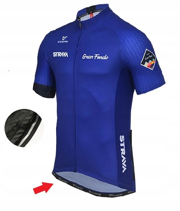 STRÓJ ROWEROWY MĘSKI STRAVA NIEBIESKI SPODENKI ŻELOWE KOMPLET KOLARSKI XXL Cechy dodatkowe kieszeń na plecach stójka wkładka wydłużony tył