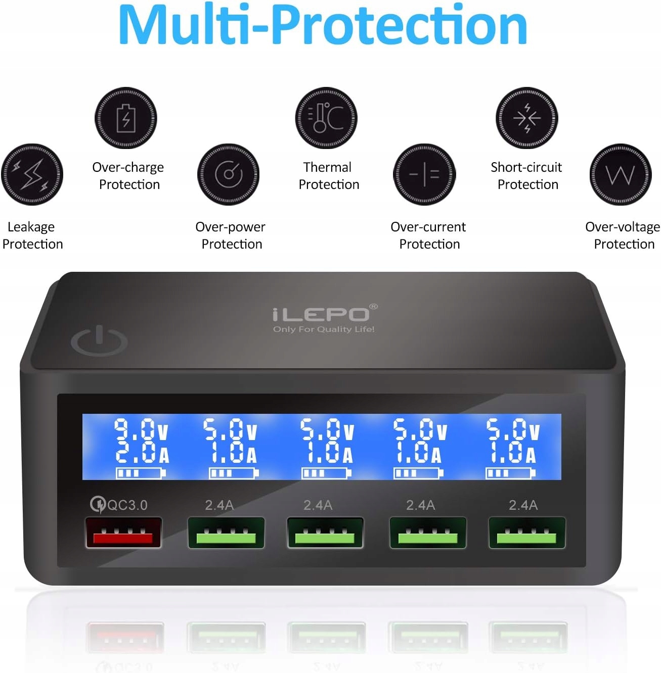 iLEPO 818 Ładowarka USB 5-portowa stacja QC3.0 Złącza USB