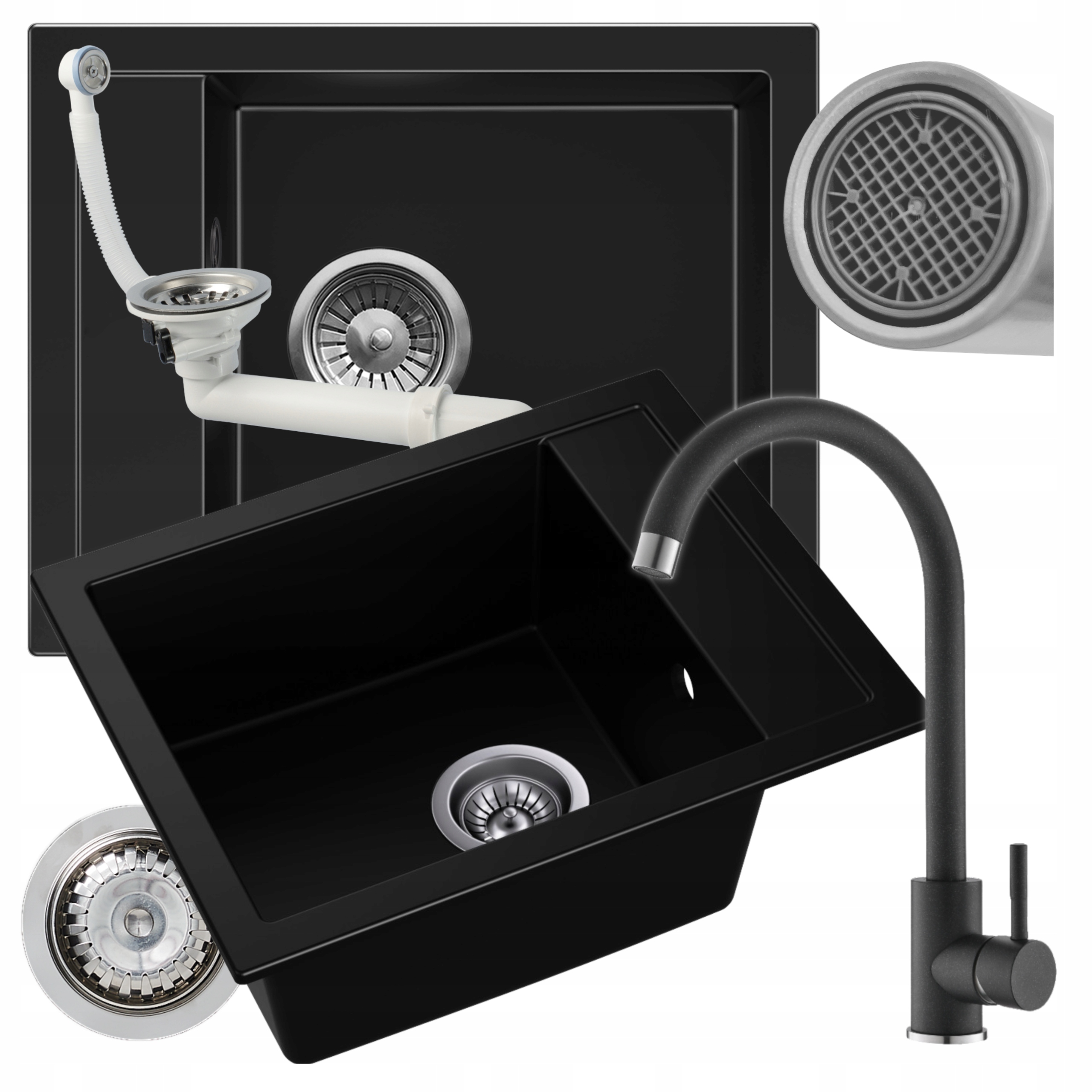 Dřez černý jednokomorový 40x50 Malý Set Dřez Baterie Sifon