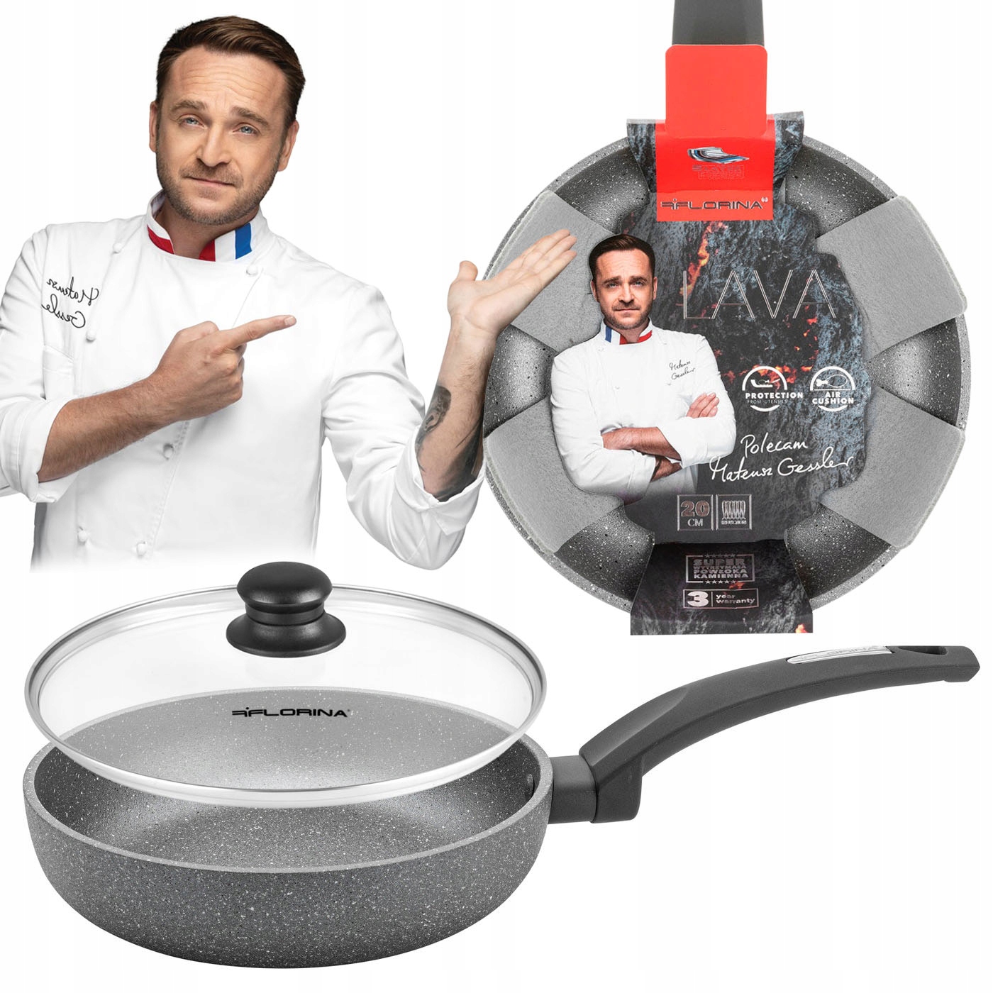 Patelnia Tradycyjna Z Pokrywą Florina Lava Kamienna Nieprzywierająca 20cm