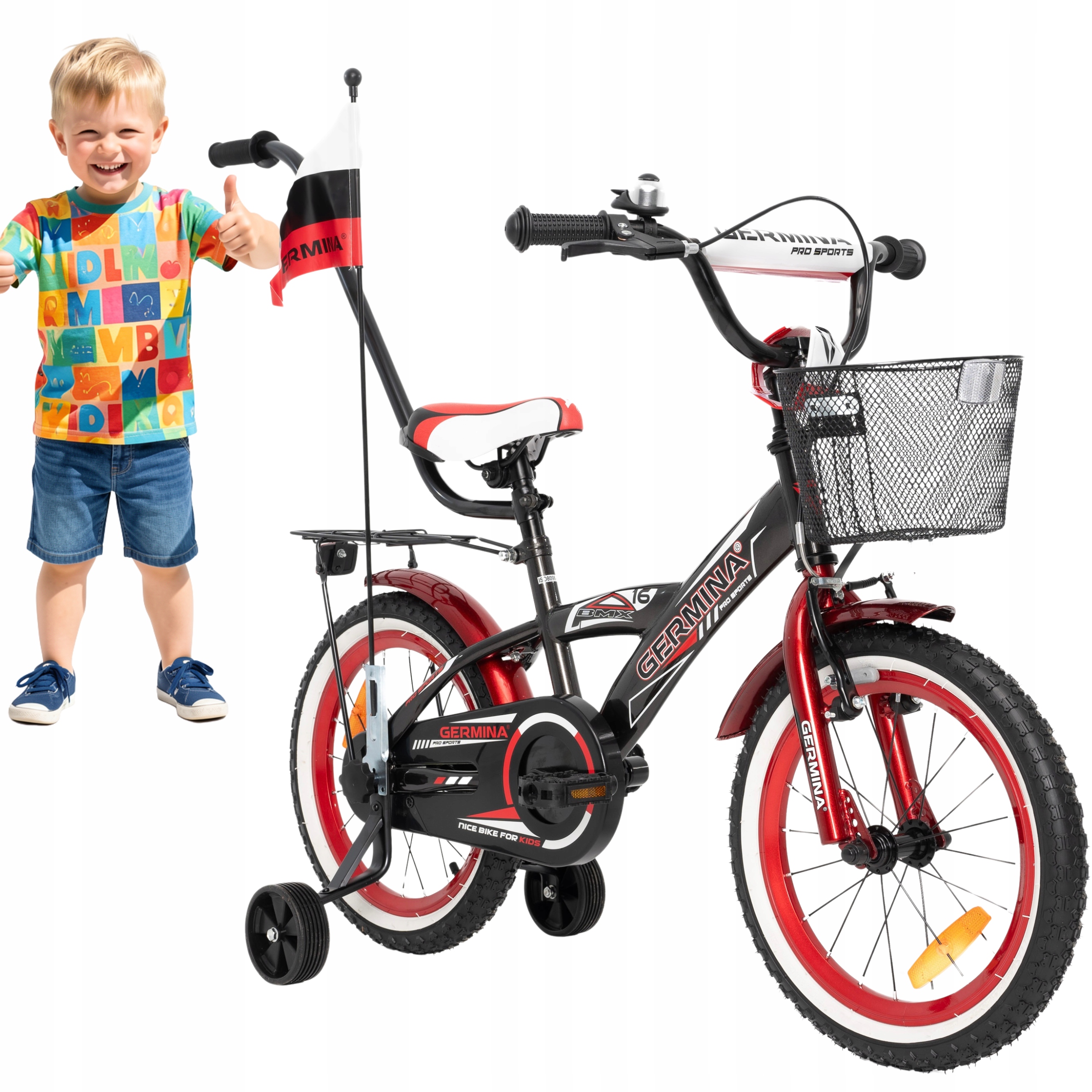 Rowerek dziecięcy rower dla chłopca 16 cali czarny koszyk i kółka boczne