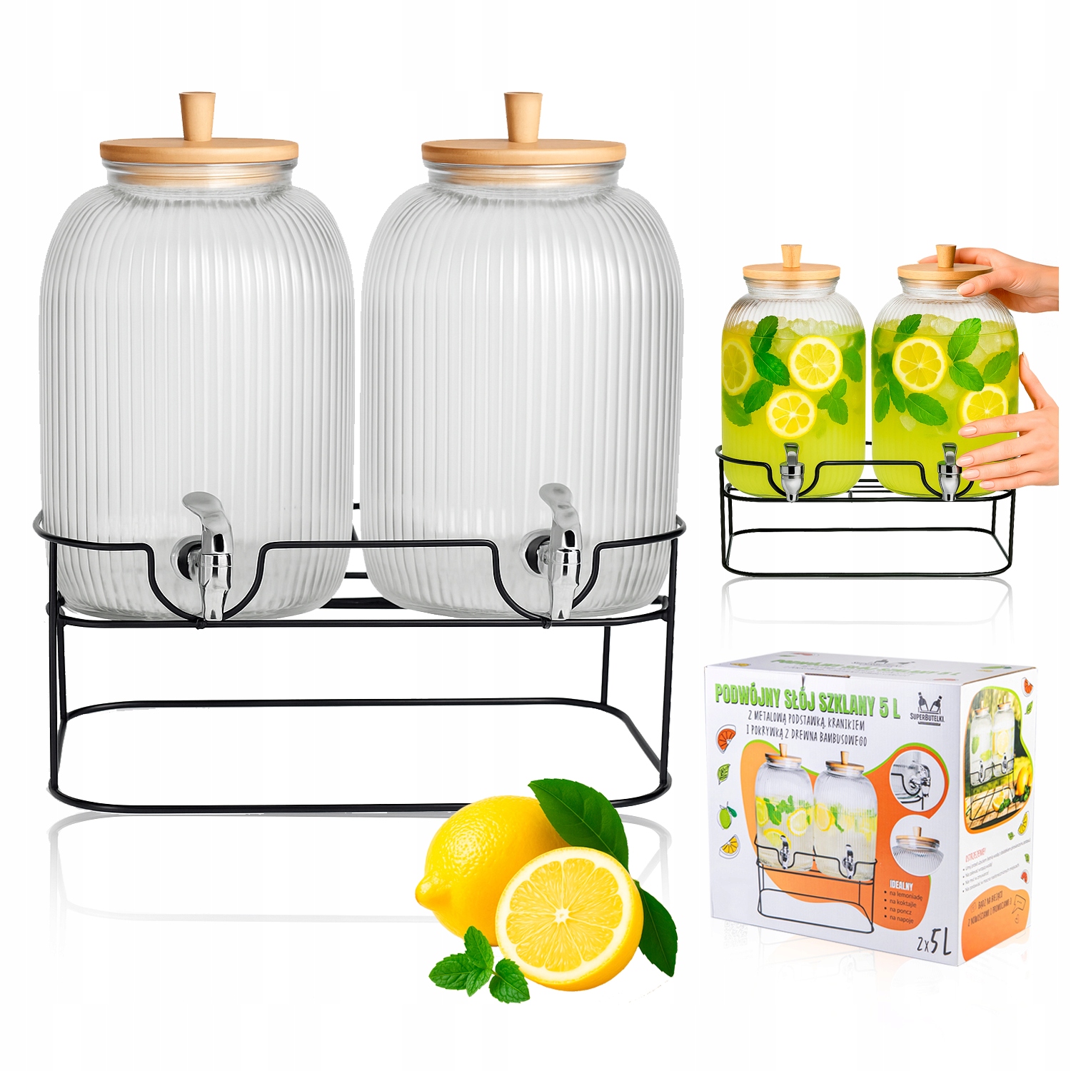 2x Sklenice s kohoutkem 5L sklenice skleněná s kohoutkem stojan džbán dávkovač