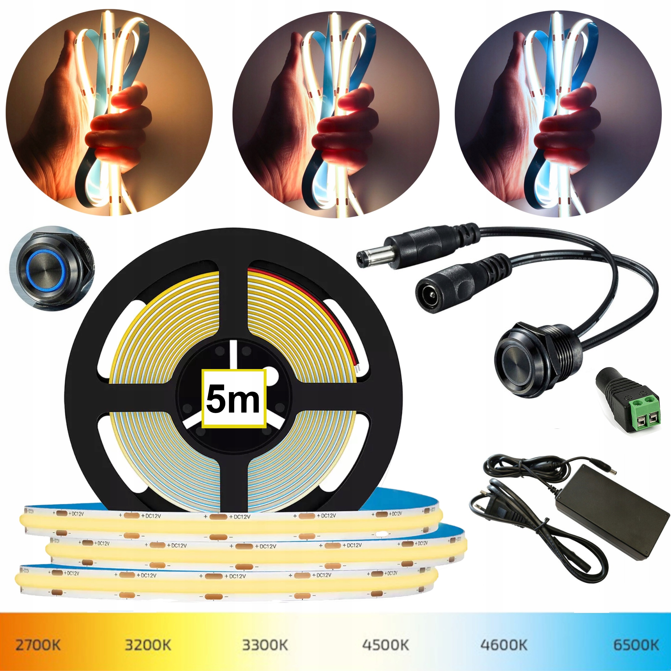 ZESTAW Taśma LED COB 5m NEON + WŁĄCZNIK SZAFKOWY ZE ŚCIEMINACZEM + ZASILACZ