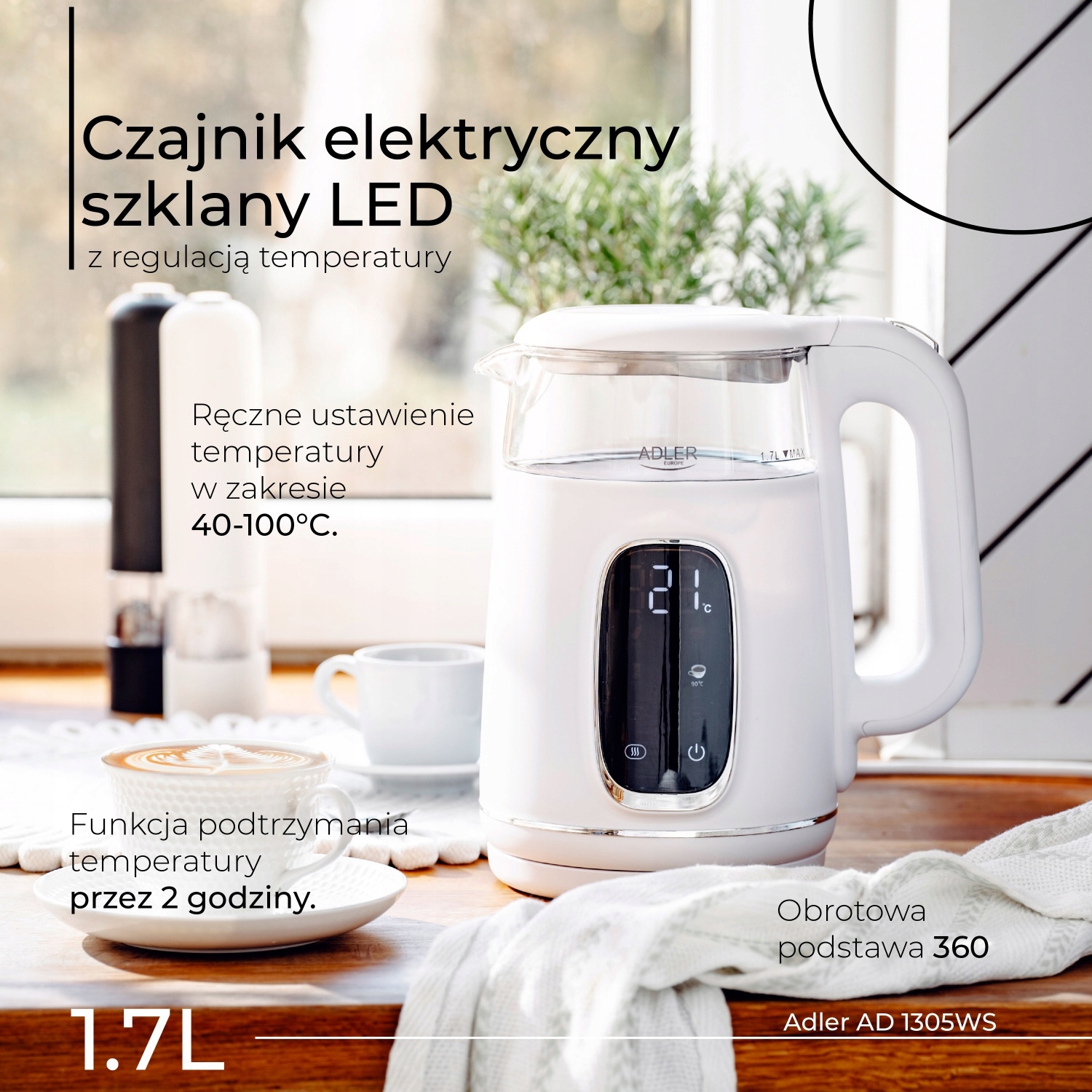 Szklany Czajnik Adler AD 1305 LED 1,7L Regulacja Temp 40-100°C