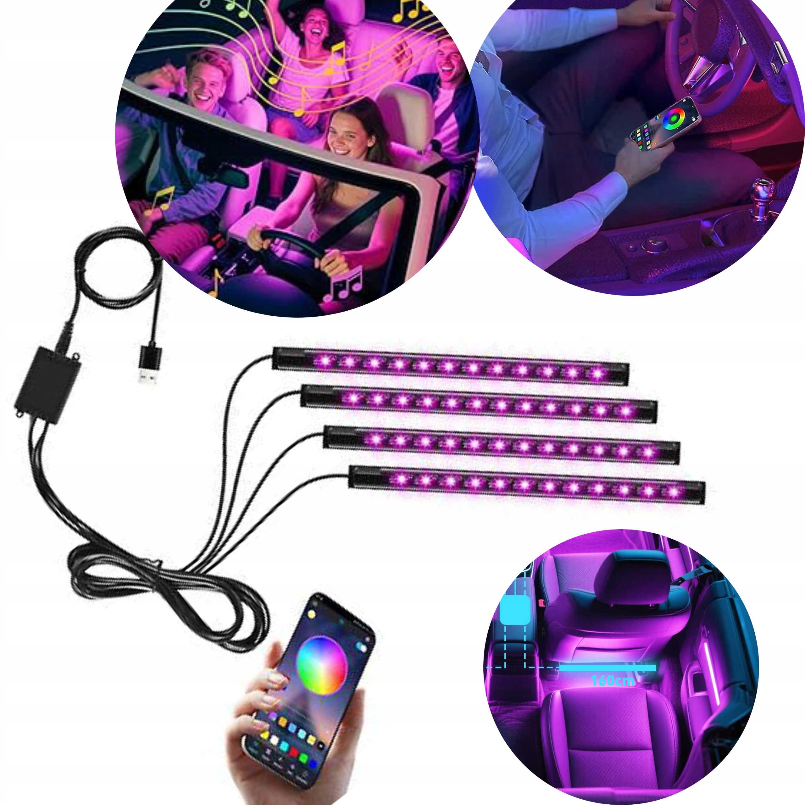 Taśma samochodowa LED Winzwon Oświetlenie wewnętrzne 4 sztuki z aplikacją