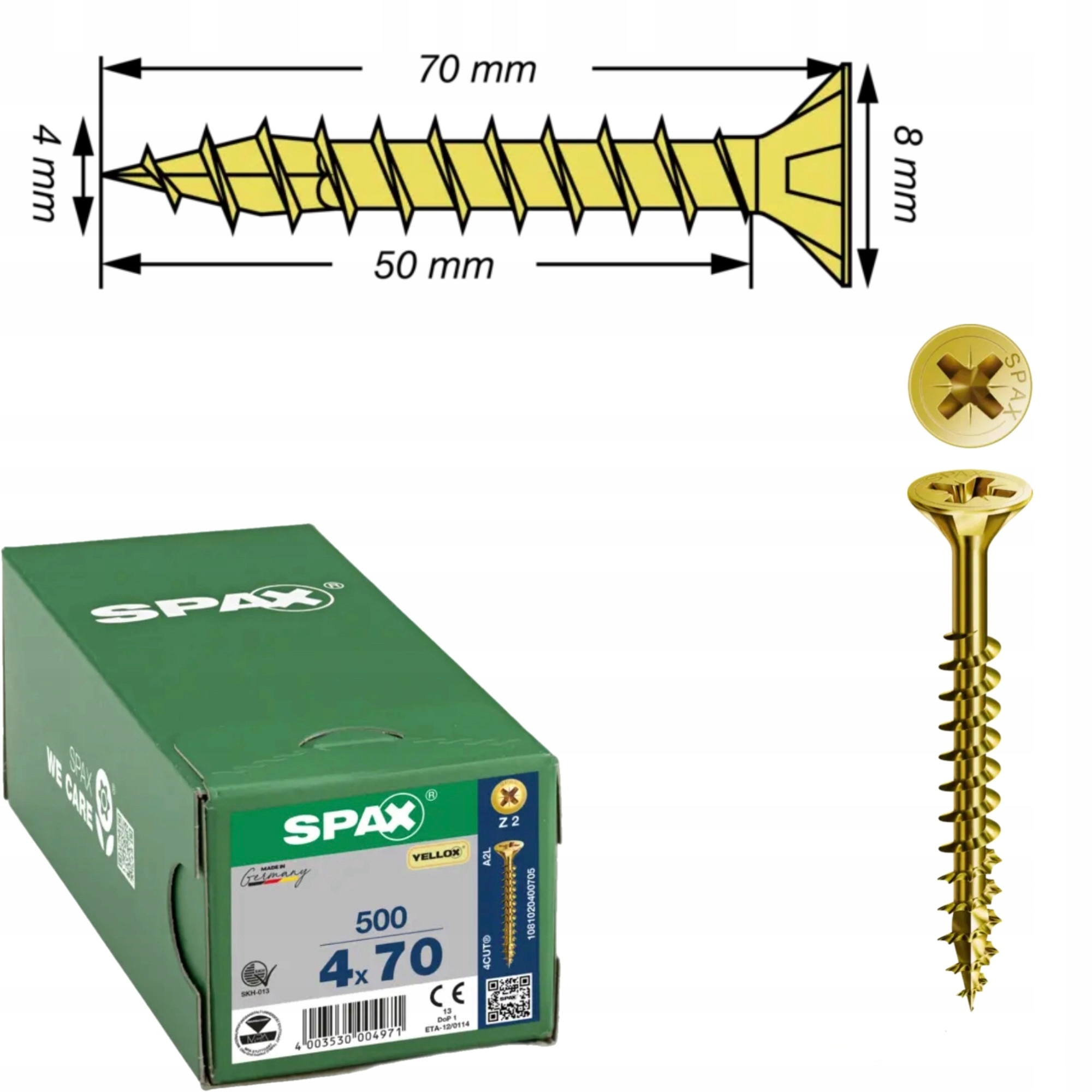 Univerzálna skrutka na drevo (zlatá) Spax 4 x 70 mm Yello-x 500 ks