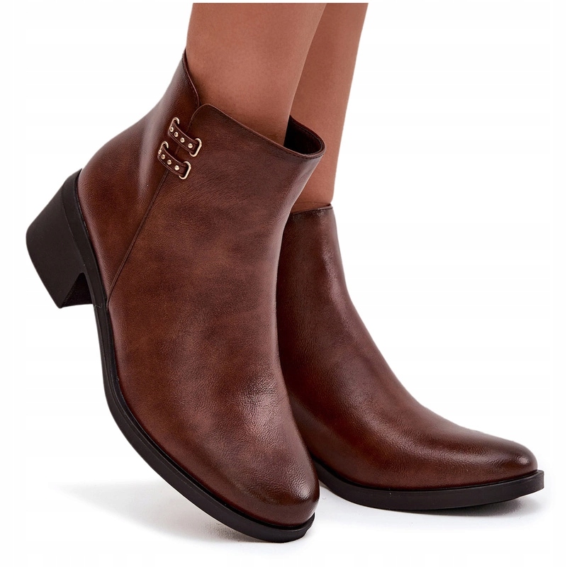 Dámské Kotníkové Boty Eko Kožené Podpatky Kostka Na Zip Zateplené Hnědé 37