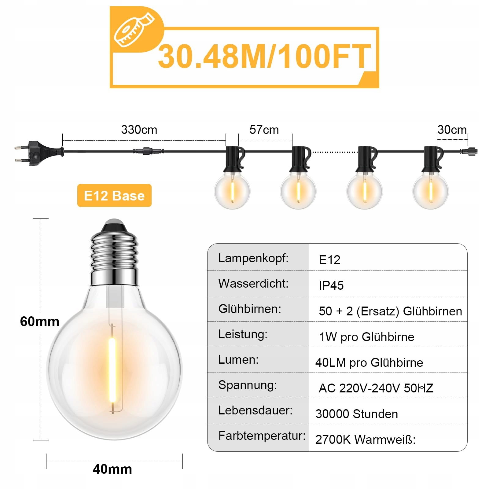 TOIPWEN Girlanda Lampki Łańcuch 30M 52 Żarówki G40 IP45 Do Ogrodu i Tarasu — miniatura 6