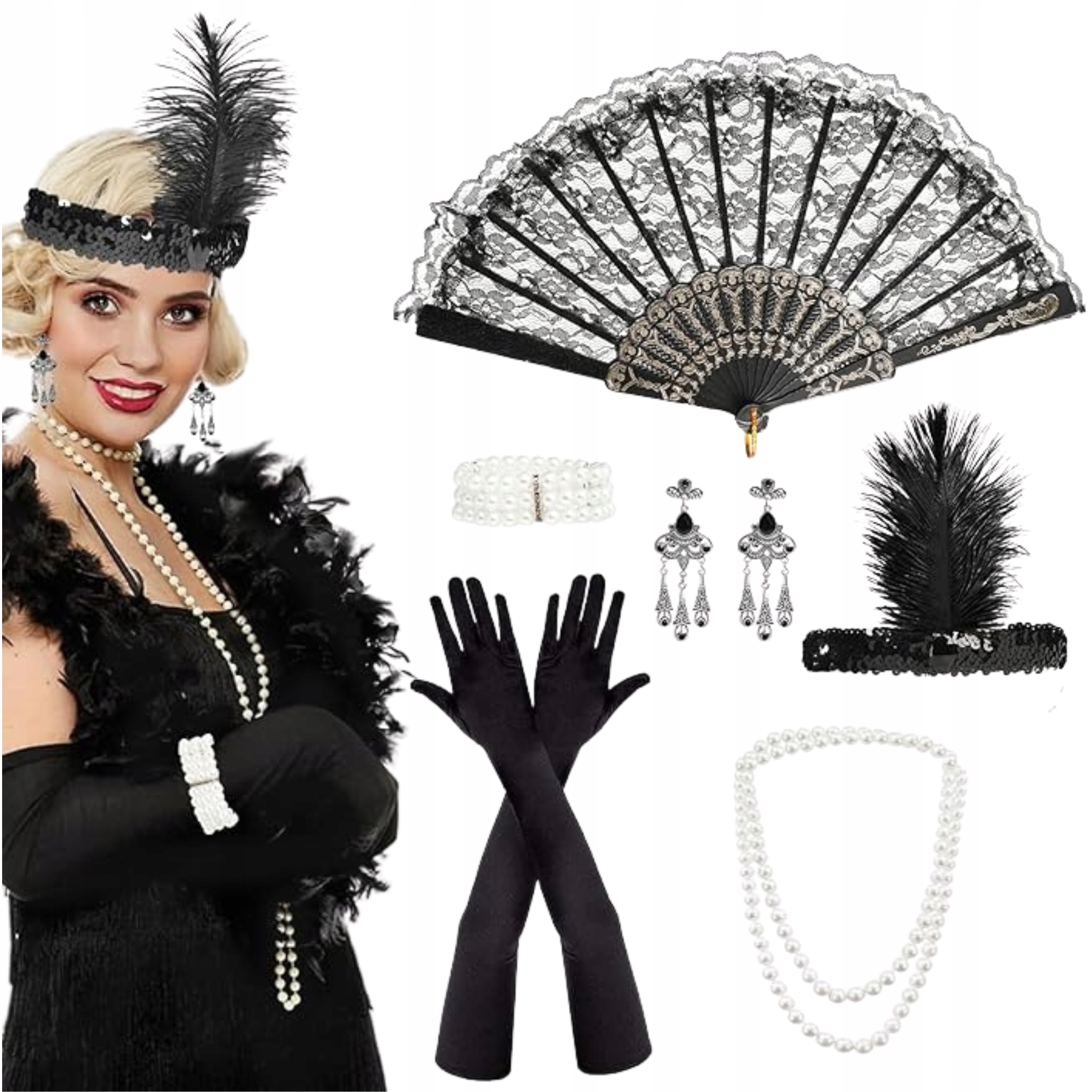 AKCESORIA DAMSKIE RETRO STYL GATSBY PERŁY WACHLARZ PRZEBRANIE LATA XX 6 EL.