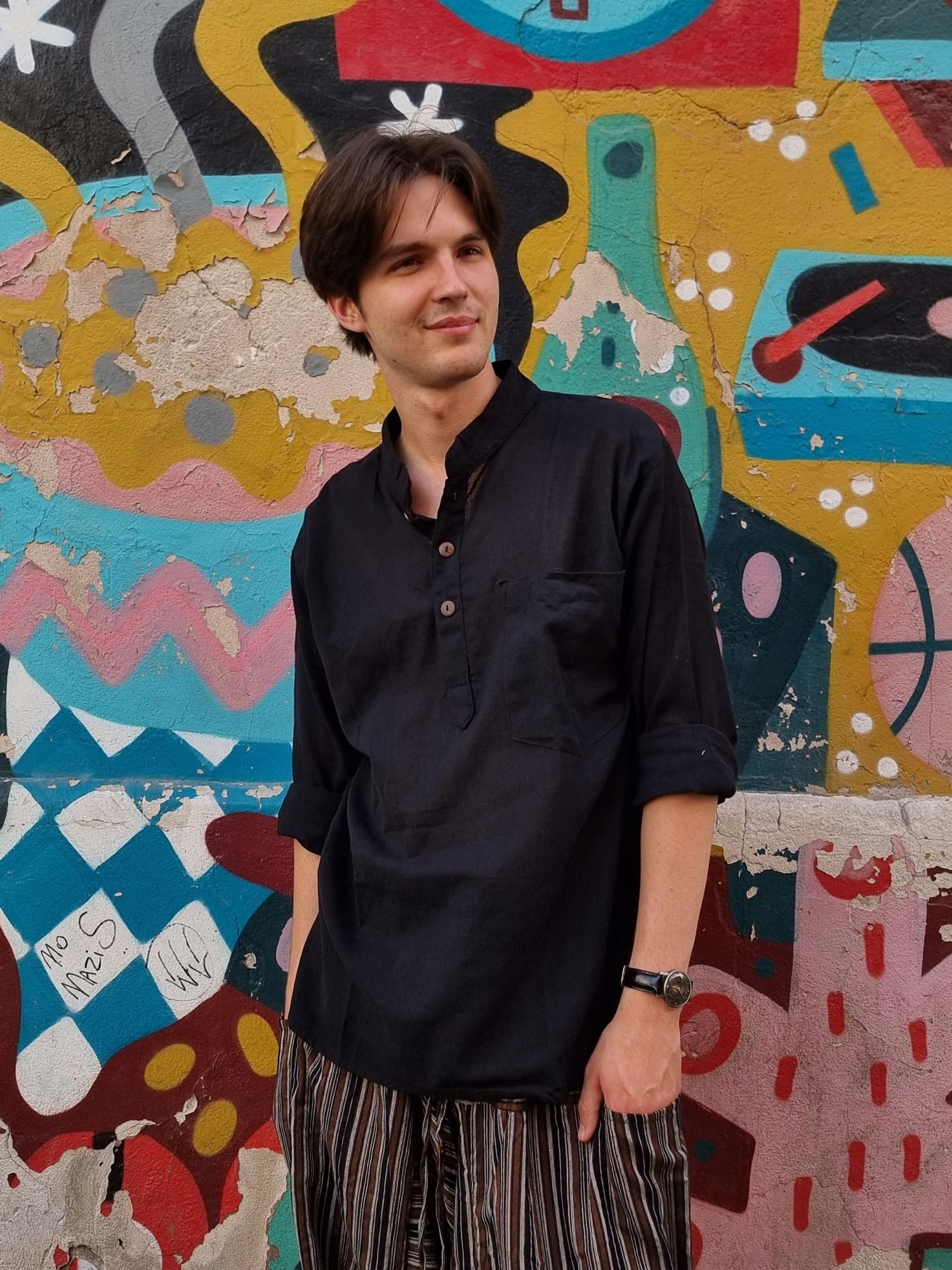 Nepálská bavlněná košile s dlouhým rukávem Černá XL