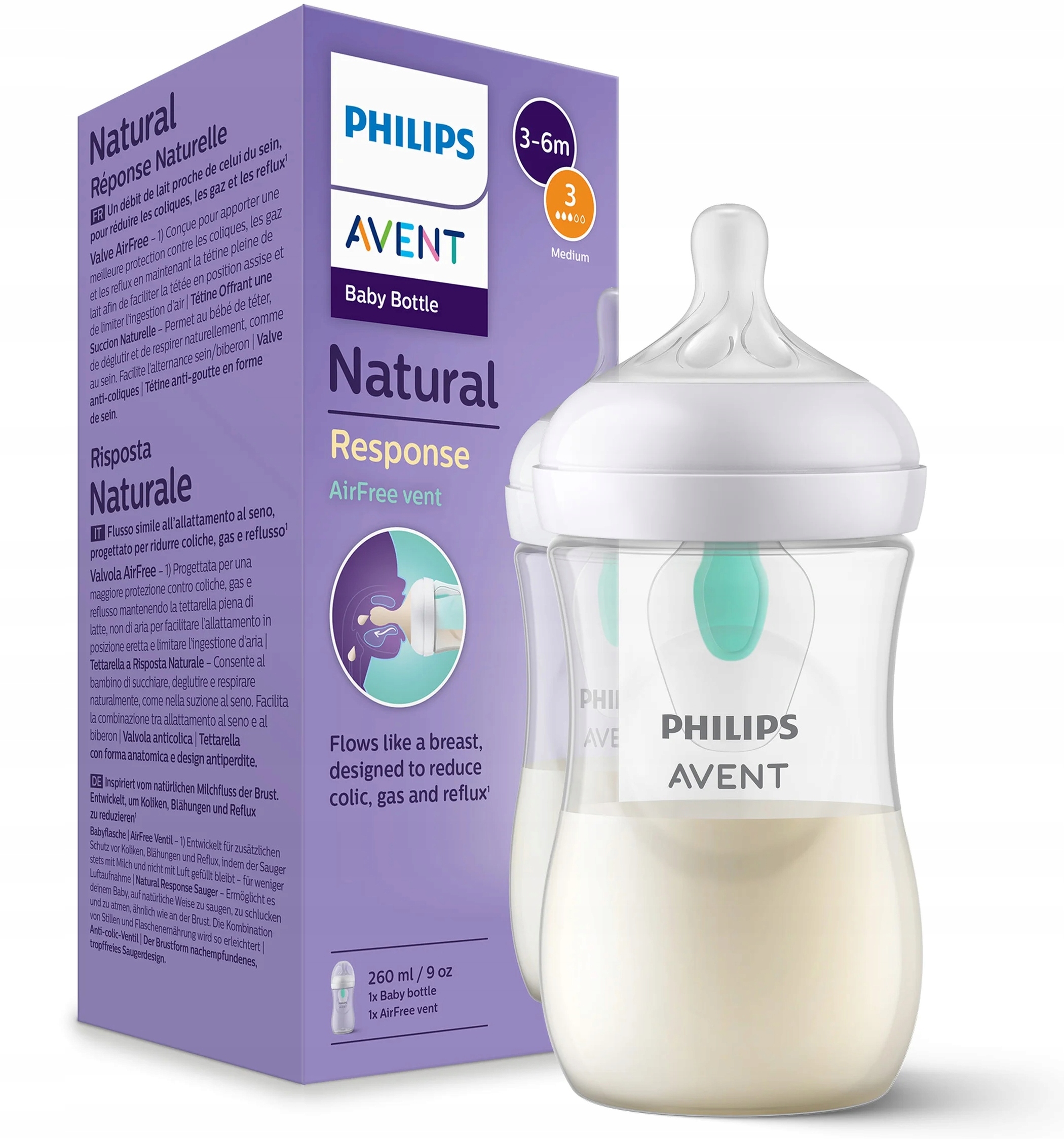 AVENT NATURAL BUTELKA 260 ml WKŁADKA ANTYKOLKOWA Smoczek Level 3