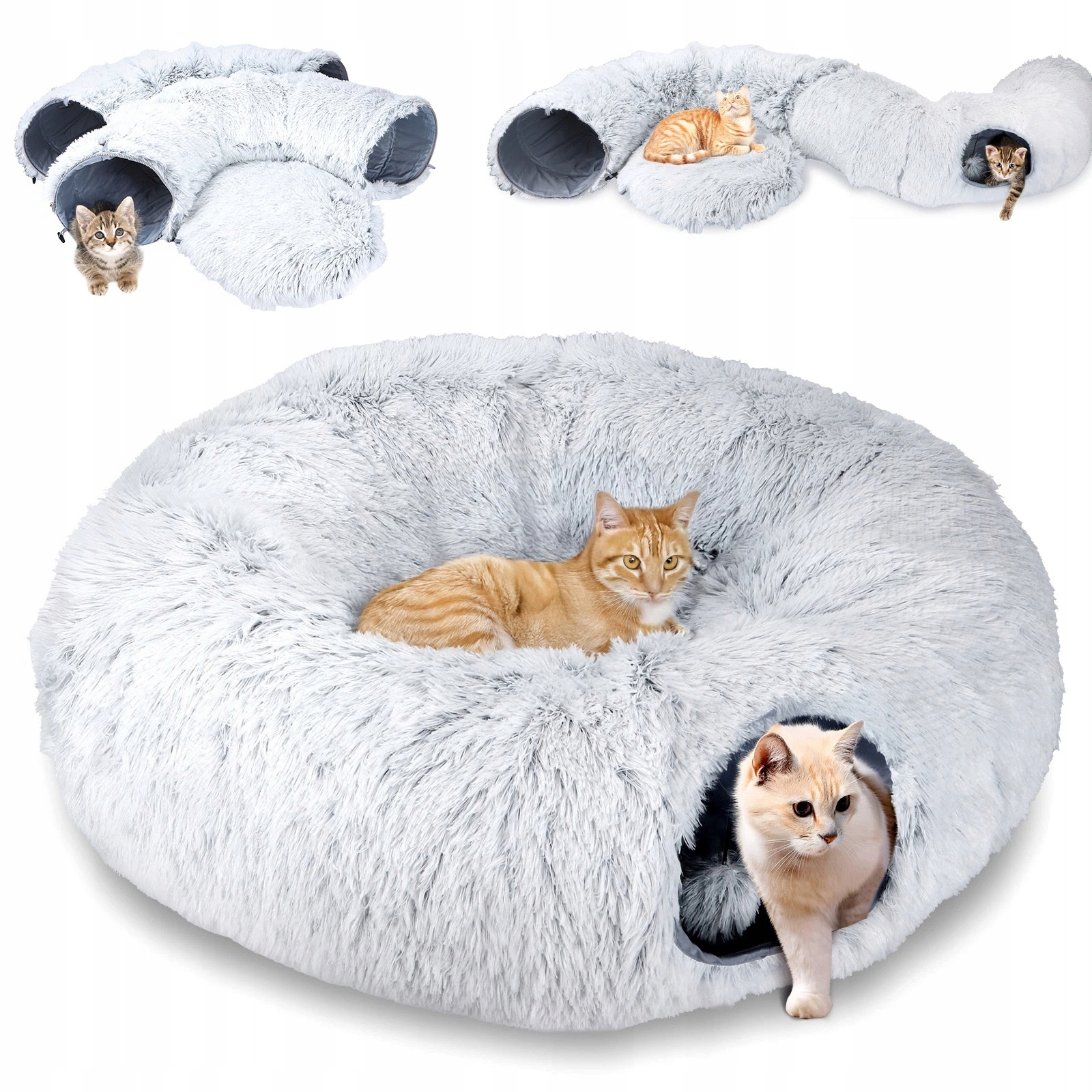 Levně Plyšový Pelíškový Tunel Pro Kočky Donut S Abietkou Šedobílý