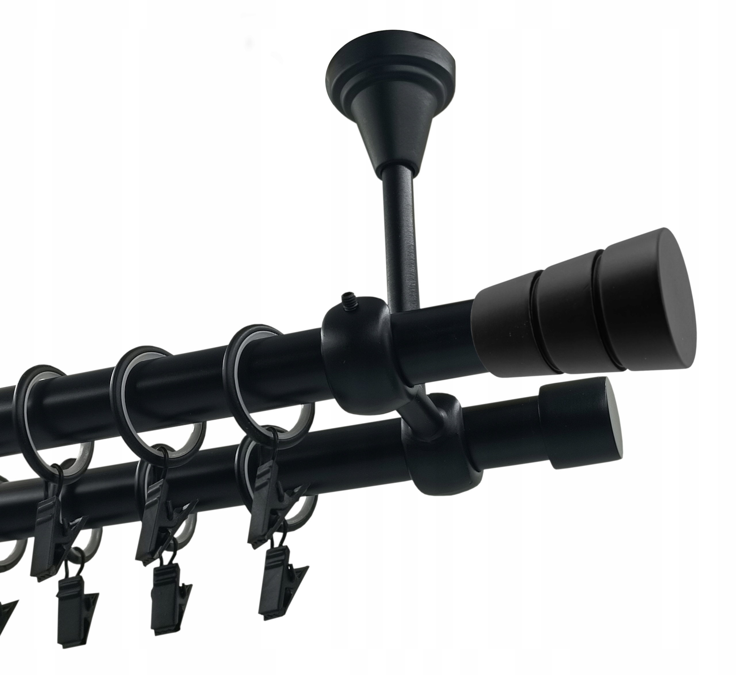 Garnýž dvojitá Kovový Stropní kabel 19+19 mm Černý Mat 200 cm Válec Basic