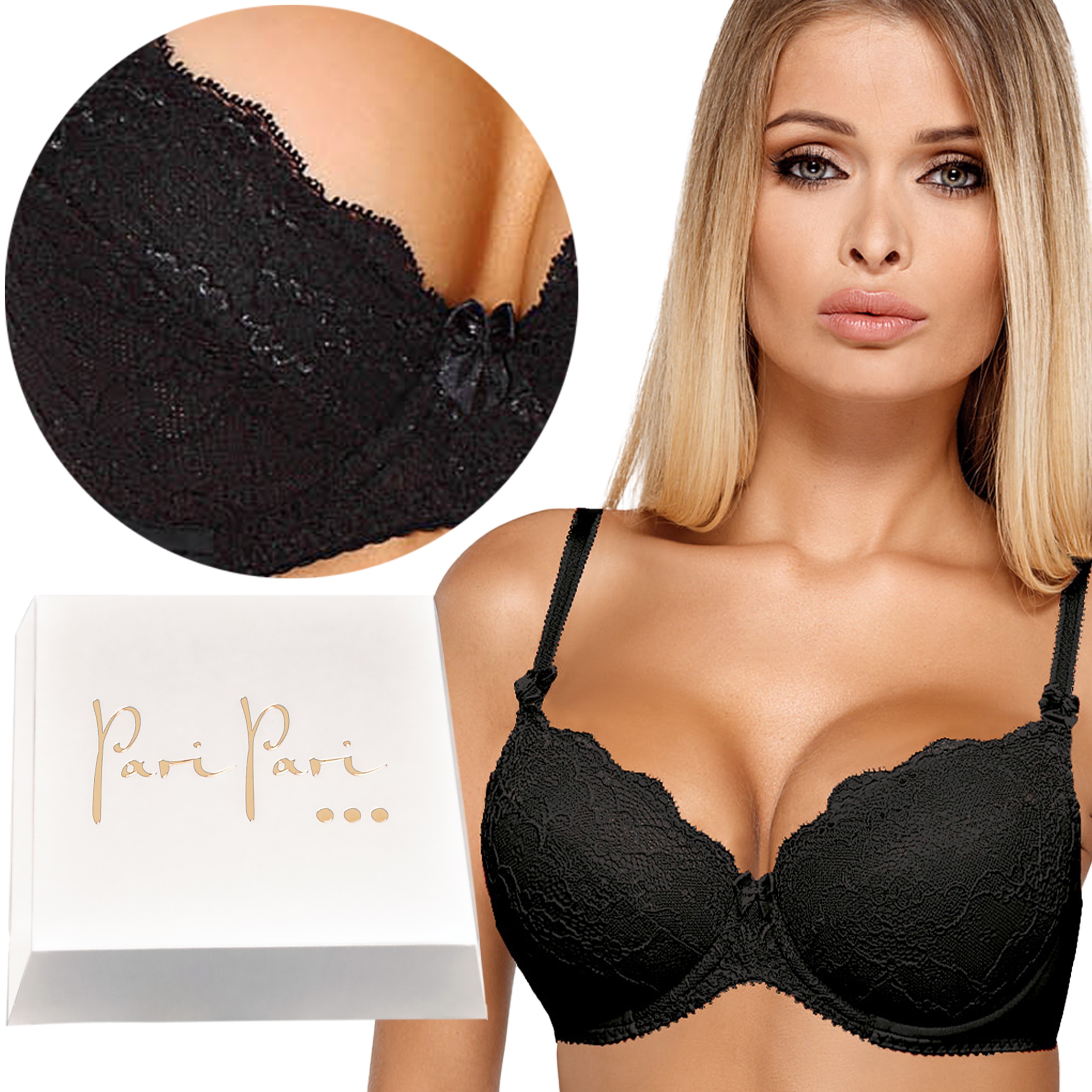 Biustonosz Push Up Koronkowy Stanik Modelujący Wkładki Czarny 75F