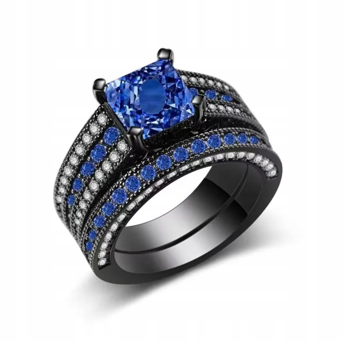 Prstýnek se safíry a zirkony Černý Polštář Ocel