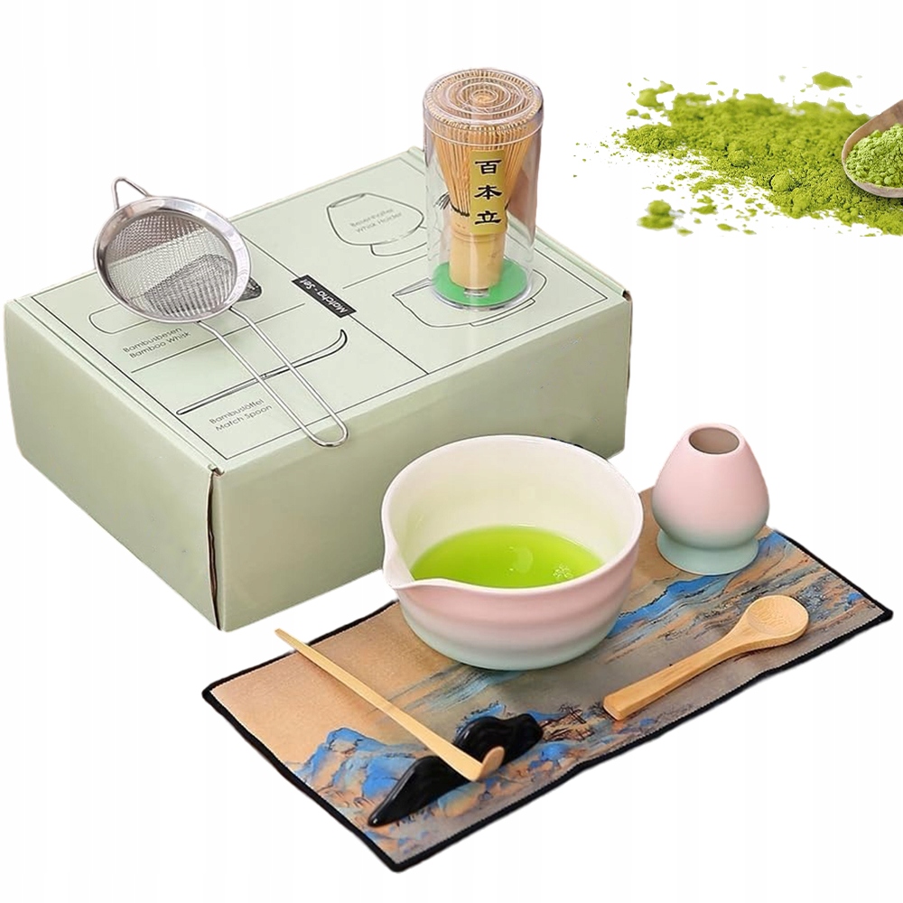Levně Dárková Sada Na Čaj Matcha Šálek Metlička Podstavec Lžička 8ks