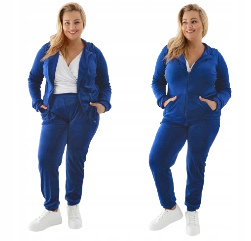 Komplet dresowy damski welurowy Niebieski bluza z kapturem Plus Size 2XL