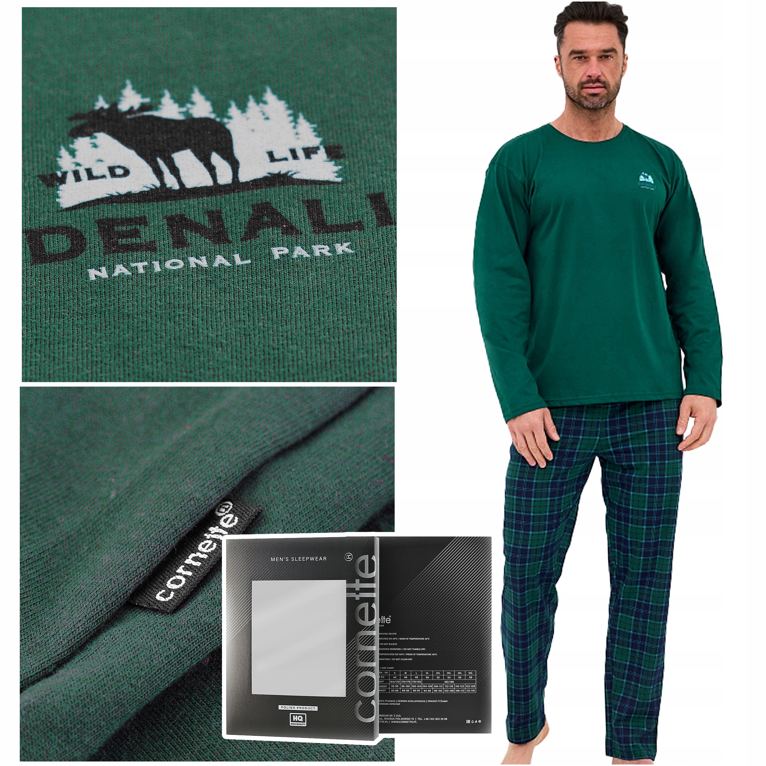 Cornette Pánské pyžamo s dlouhým rukávem Zelená bavlněná mřížka Velikost XXL