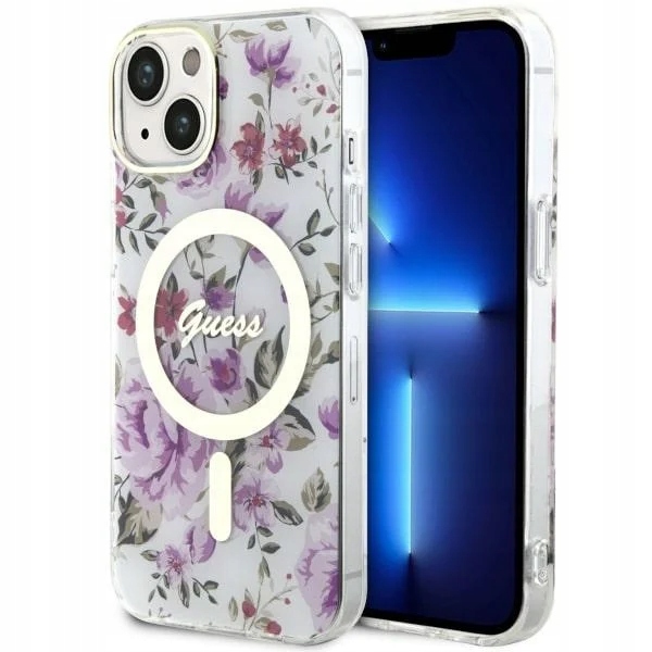 Pouzdro Guess GUHMP14SHCFWST Apple iPhone 14 průhledné pevné pouzdro Flower MagSa