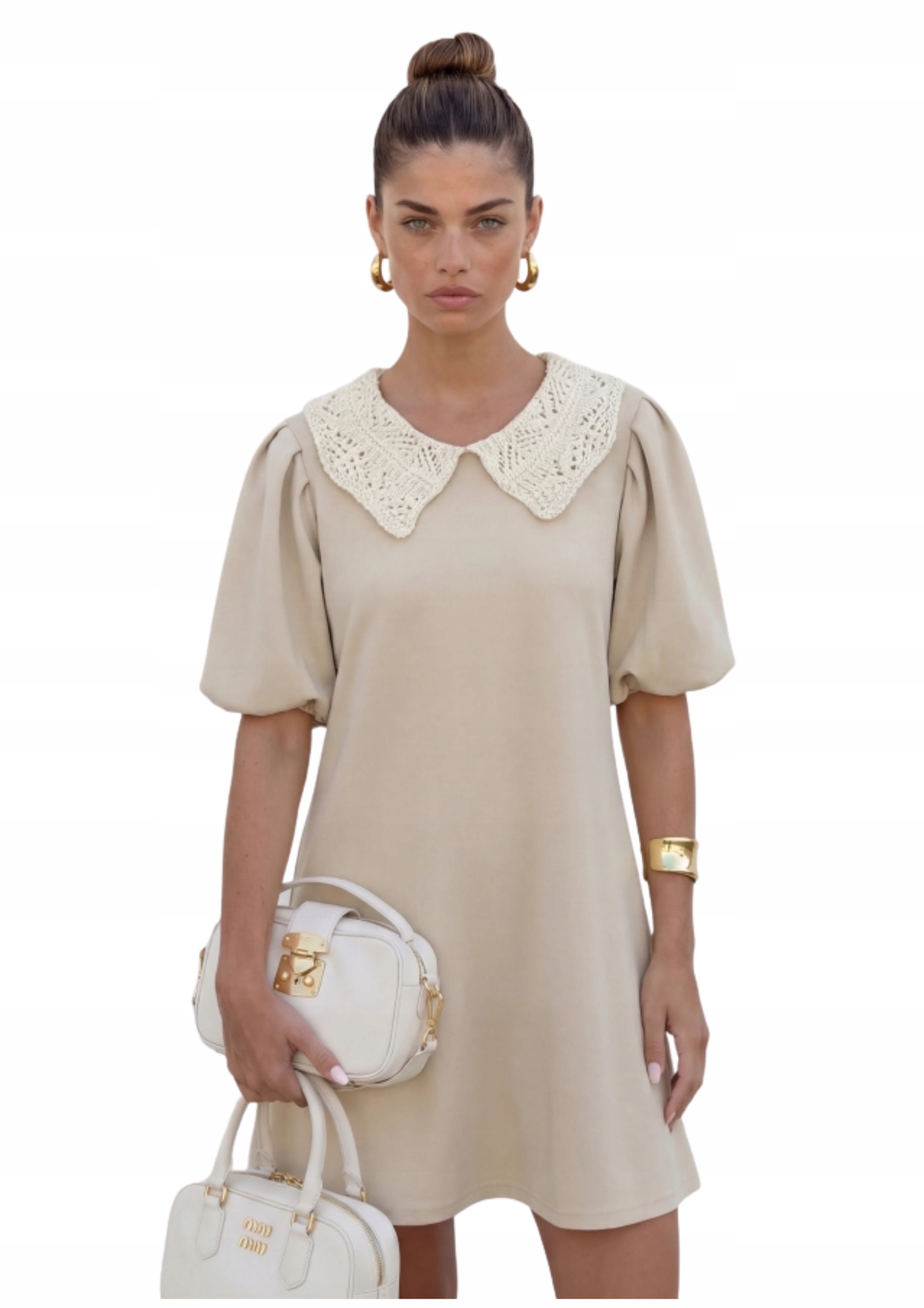 Beżowa tunika sukienka koktajlowa z ozdobnym kołnierzykiem Cocomore