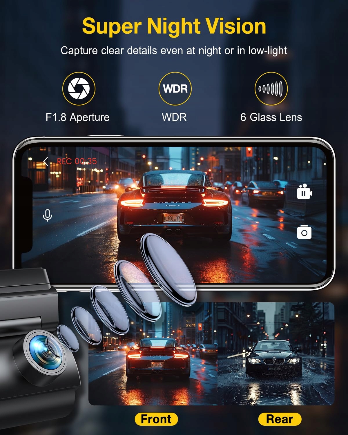 GKU Kamera Samochodowa 4K Przód Tył WiFi GPS 64GB Super Nocny Widok — miniatura 5