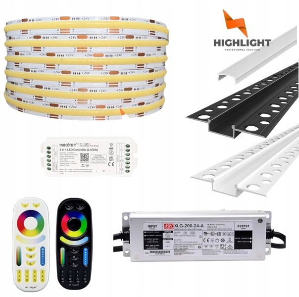 10m Sada Fasáda Led pásik Cob Cct 16W 24V IP65 Profil Biela/Čierna