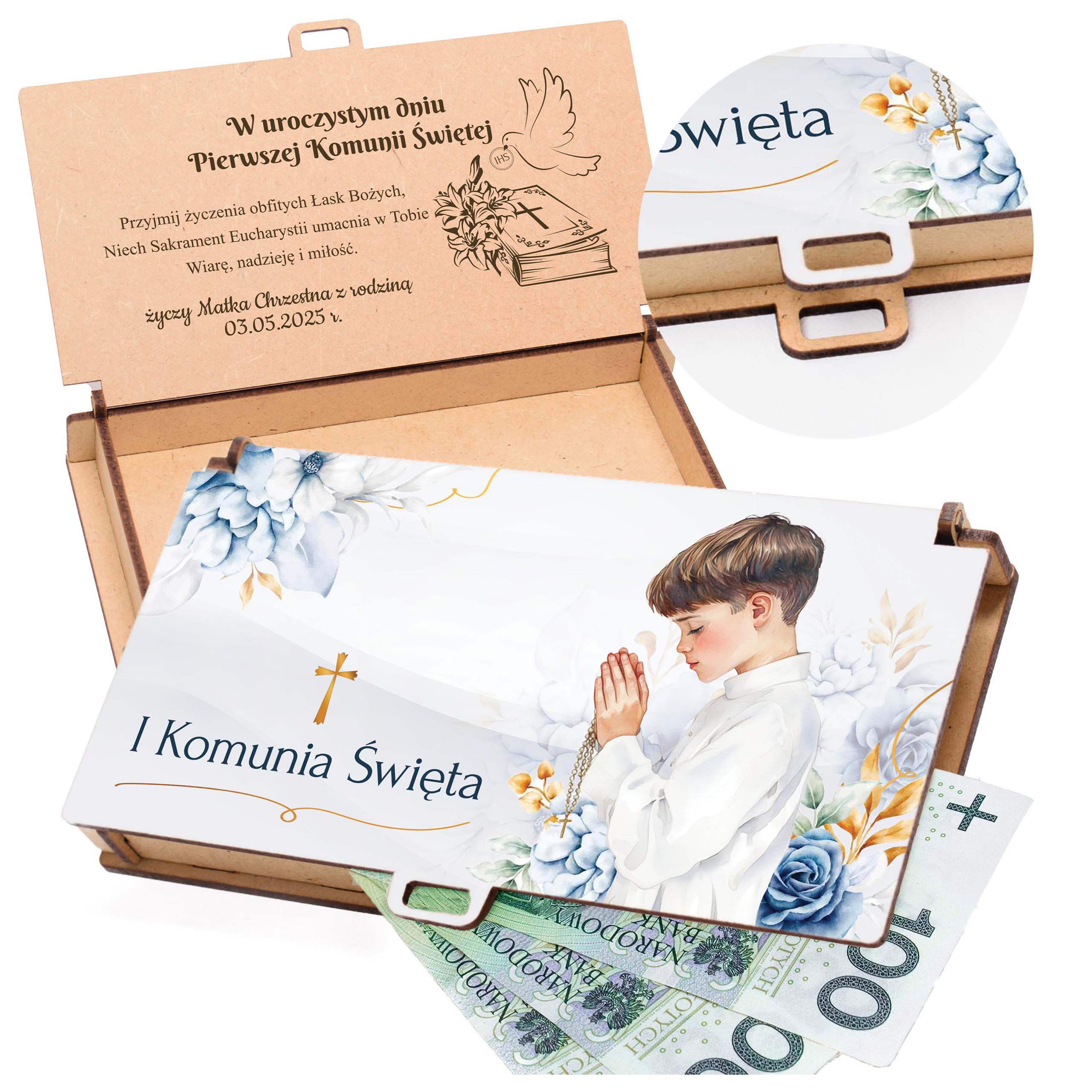 PAMIĄTKA PIERWSZEJ KOMUNII DLA CHŁOPCA PUDEŁKO NA PIENIĄDZE GOTÓWKĘ KARTKA