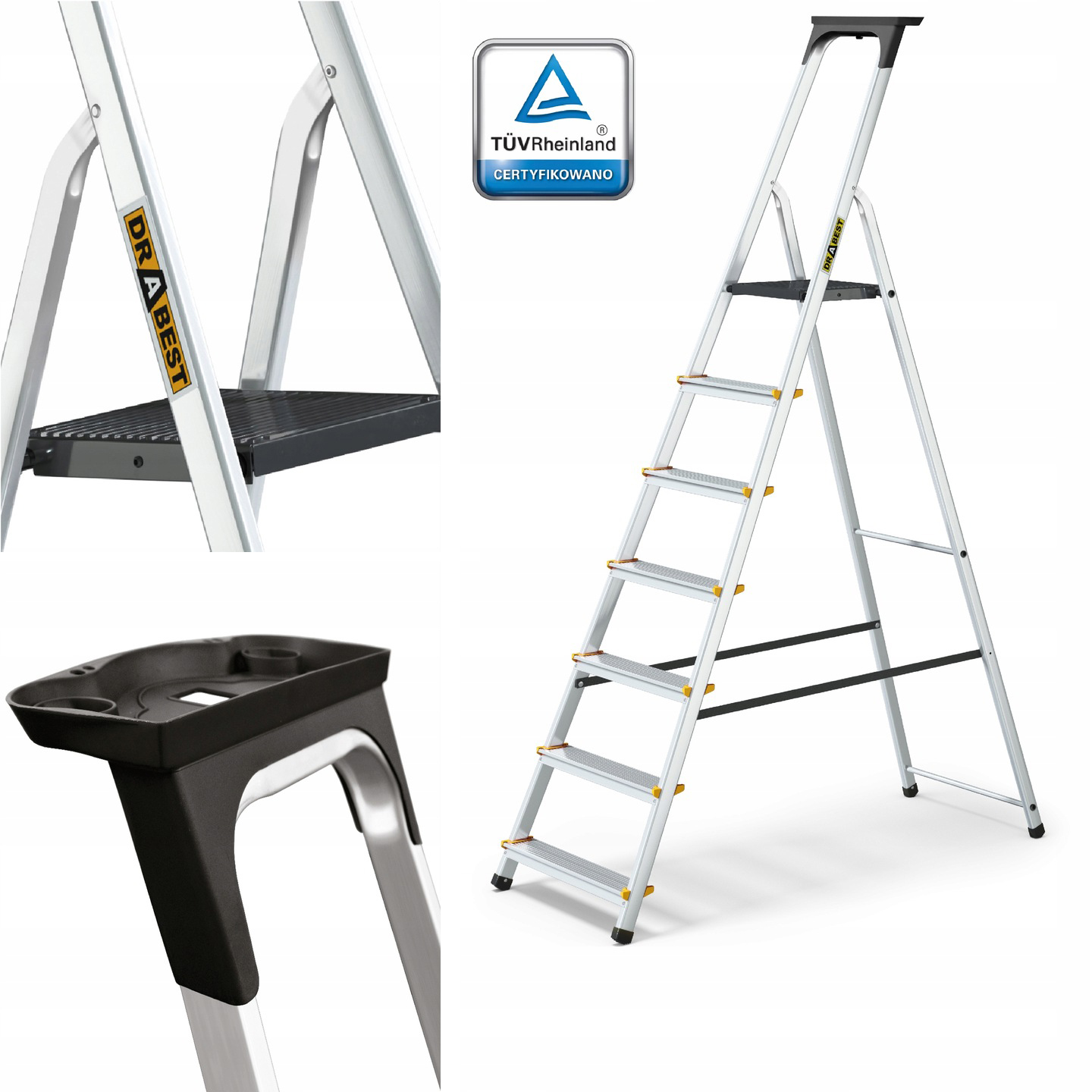 Domáca hliníková rebríková tyč Pro jednostranná 7-stupňová s poličkou 150 kg