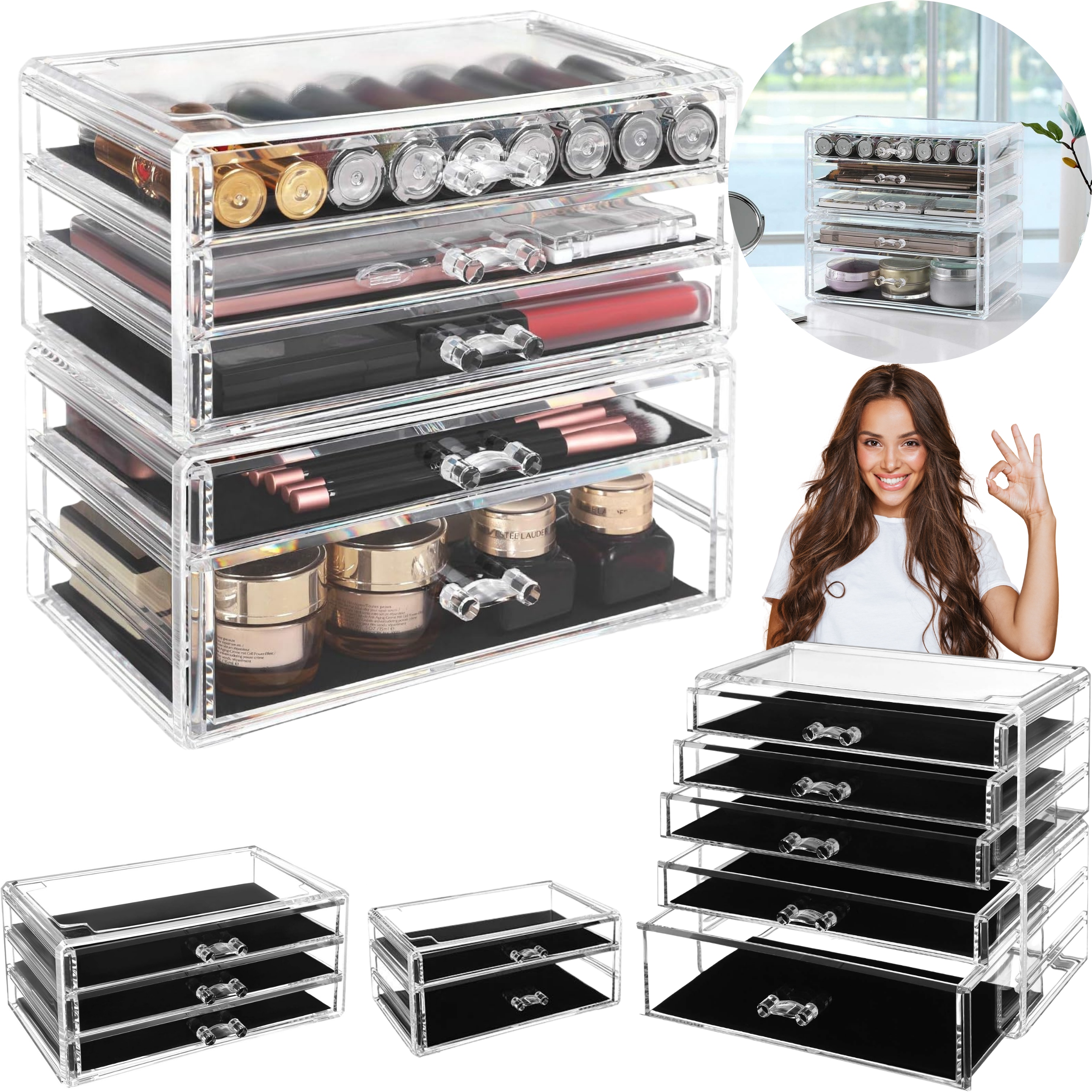 ORGANIZER NA KOSMETYKI BIŻUTERIĘ SZUFLADY SZKATUŁKA PUDEŁKO TRANSPARENTY XL