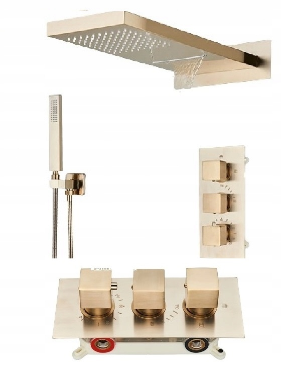 Zlatý matný sprchový set Termostat Vodopád
