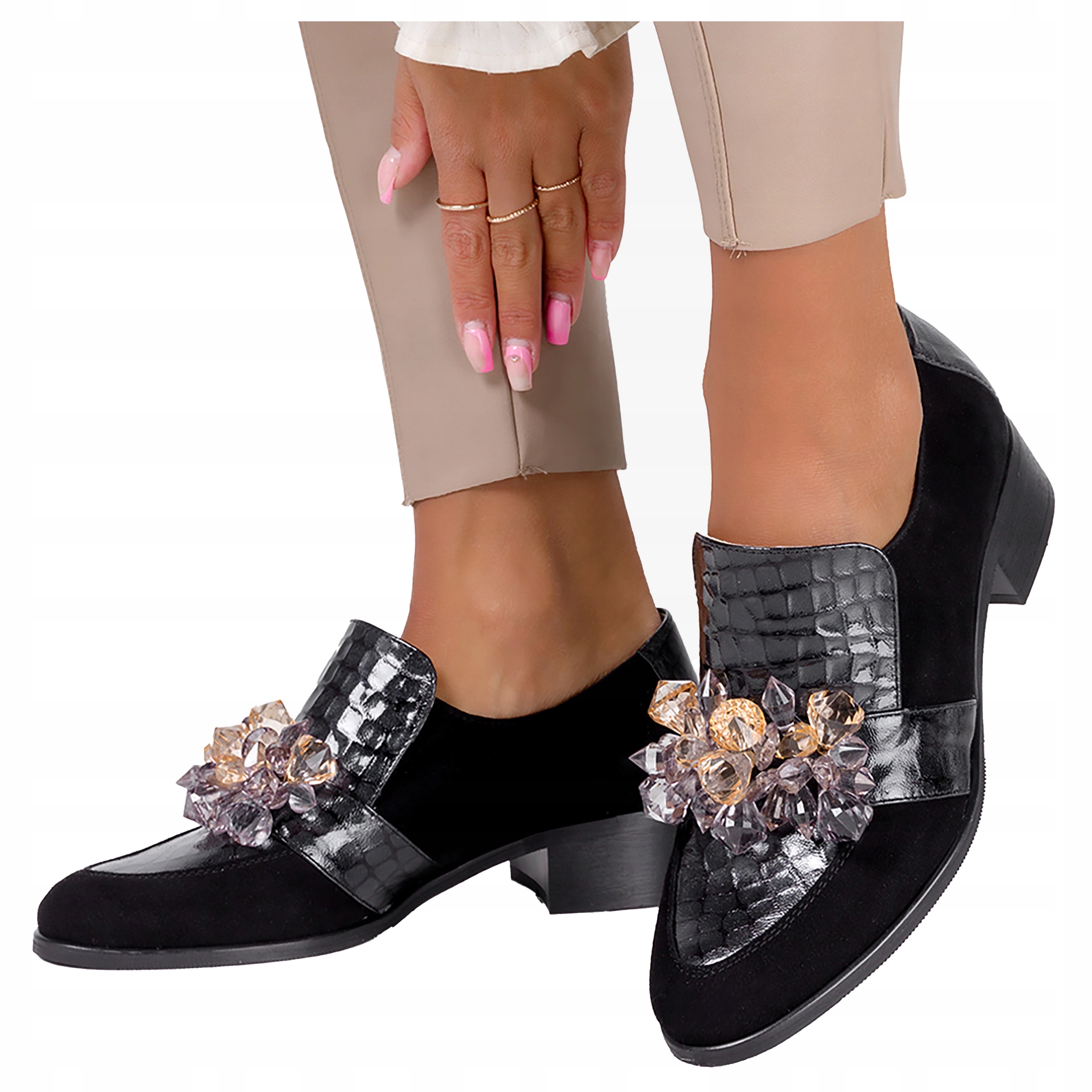 Černé Dámské Kožené Polobotky Lordsy S Krokodýlími Krystaly, Vzor r 37