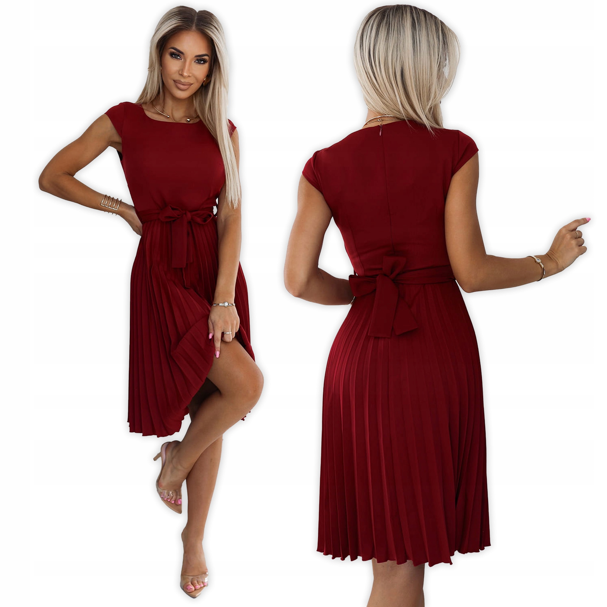 Lila Plisovaná šaty Numoco s krátkým rukávem a páskem Bordó XXL