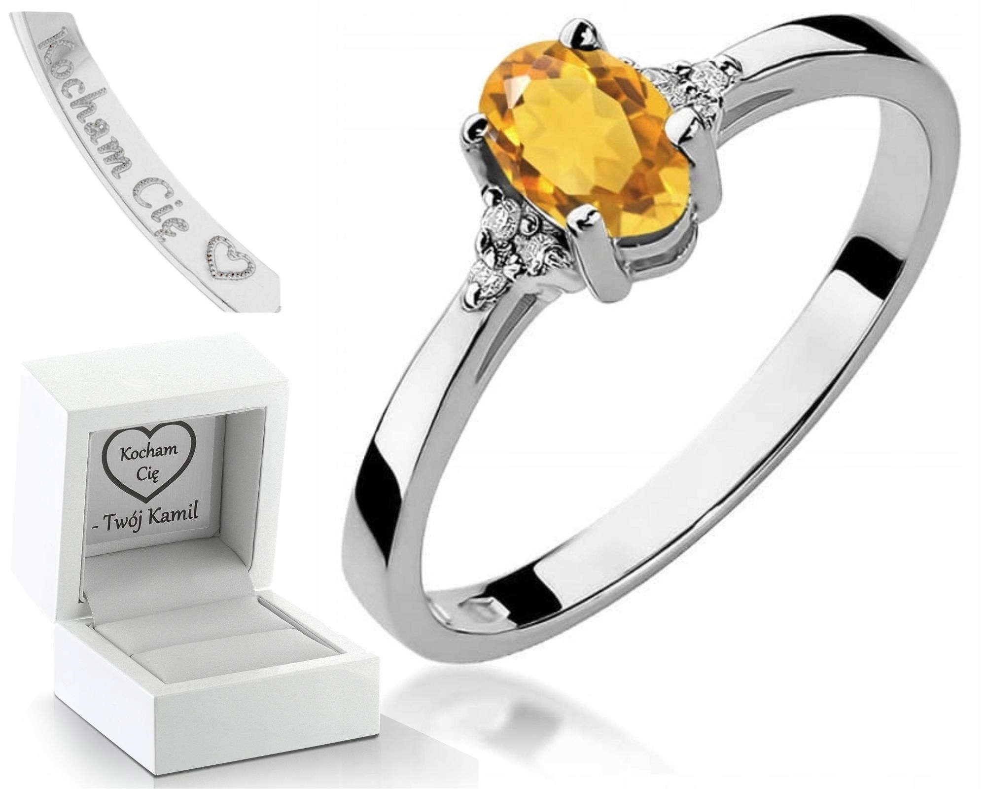 Zásnubní Prstýnek S Citronem A Brilianty Bílé Zlato Gravírování 585