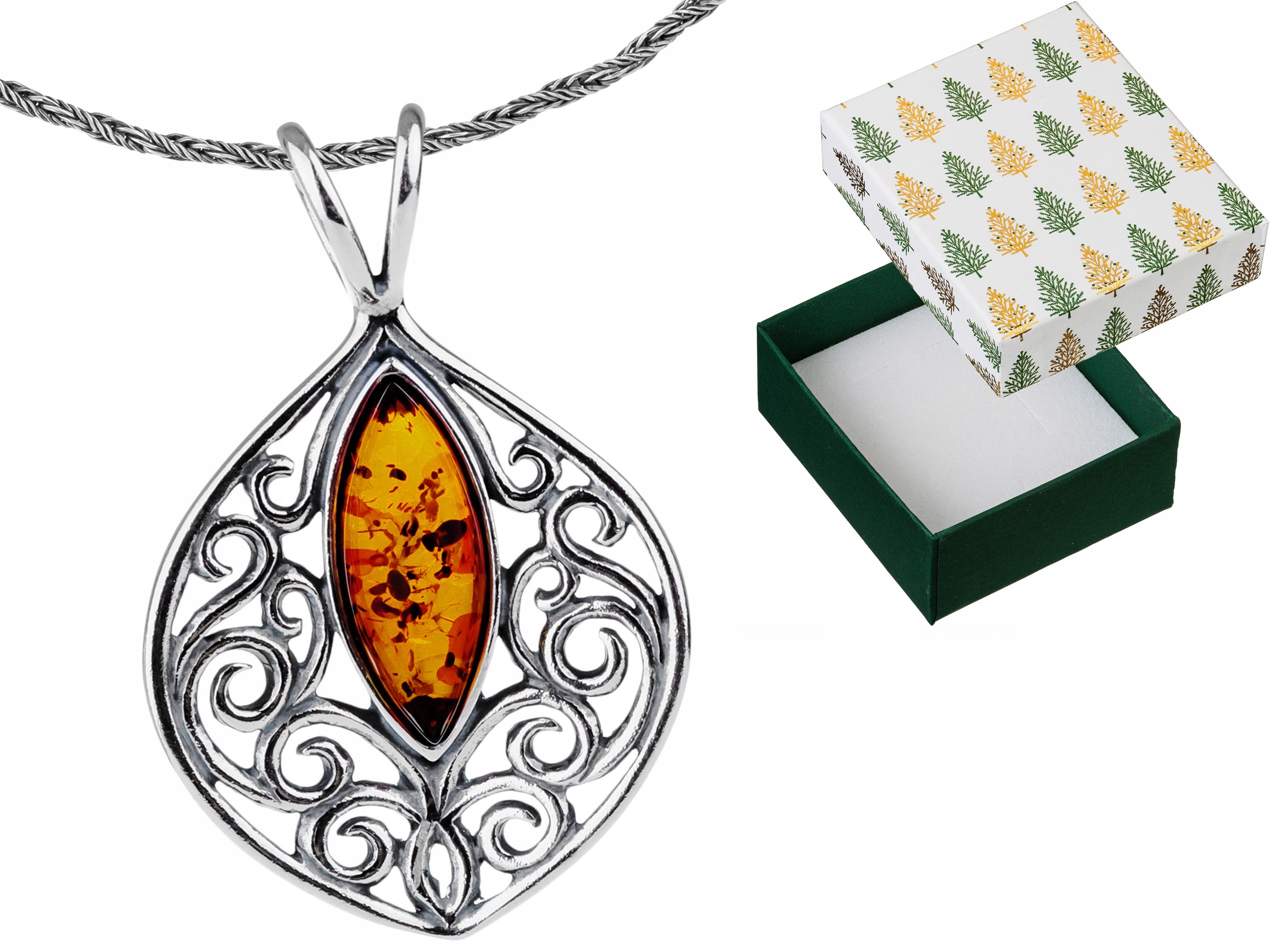 Stříbrný náhrdelník Ažurový přívěsek s jantarem Přívěsek Řetízek 38 cm