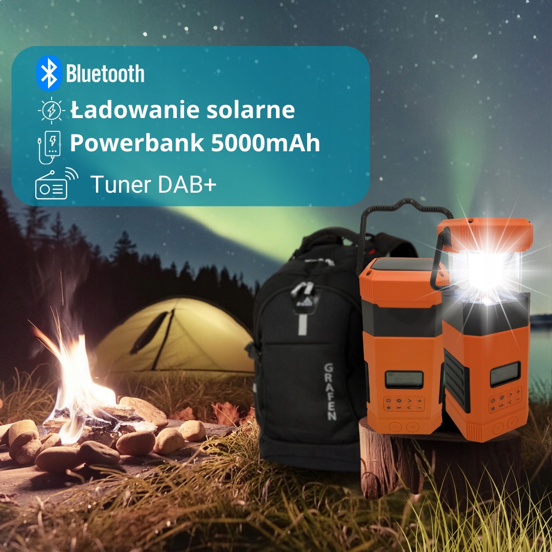 BIVACC MOCNE RADIO BLUETOOTH LED USB POWERBANK 5000mAh 114 FM/DAB+ Funkcje budzenie radiem funkcja RDS