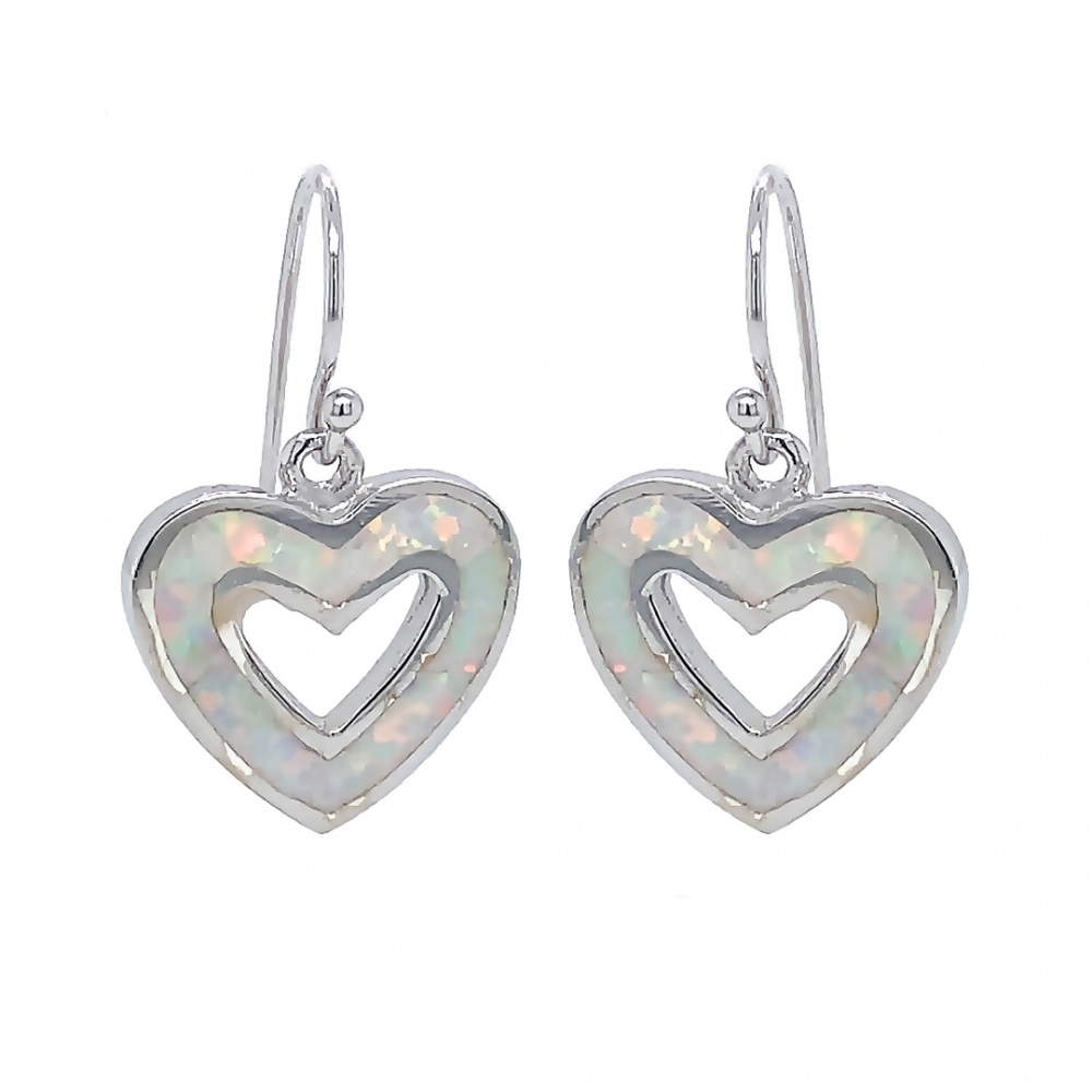 Stříbrné náušnice ryzost 925 Srdce bílé Opal