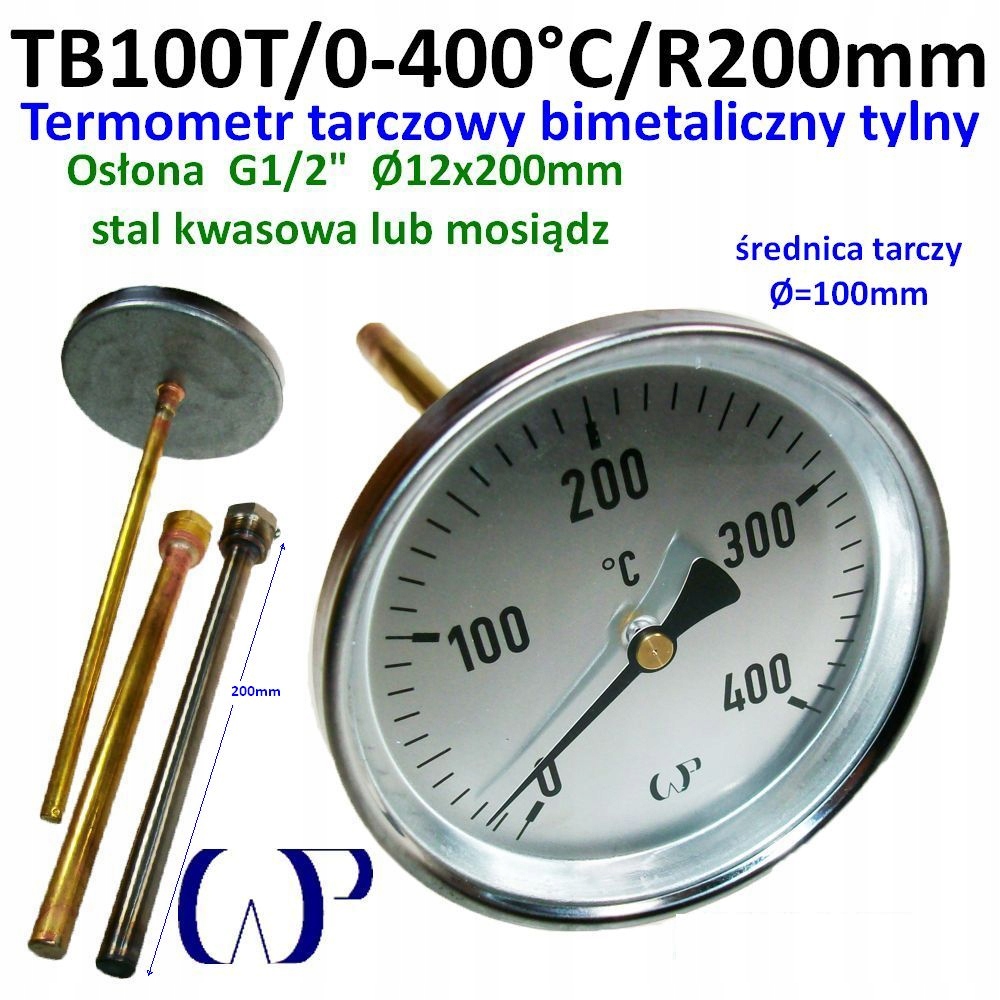 Bimetalický kotúčový teplomer TB100T 0-400°C s kyslou clonou G1/2" 200 mm