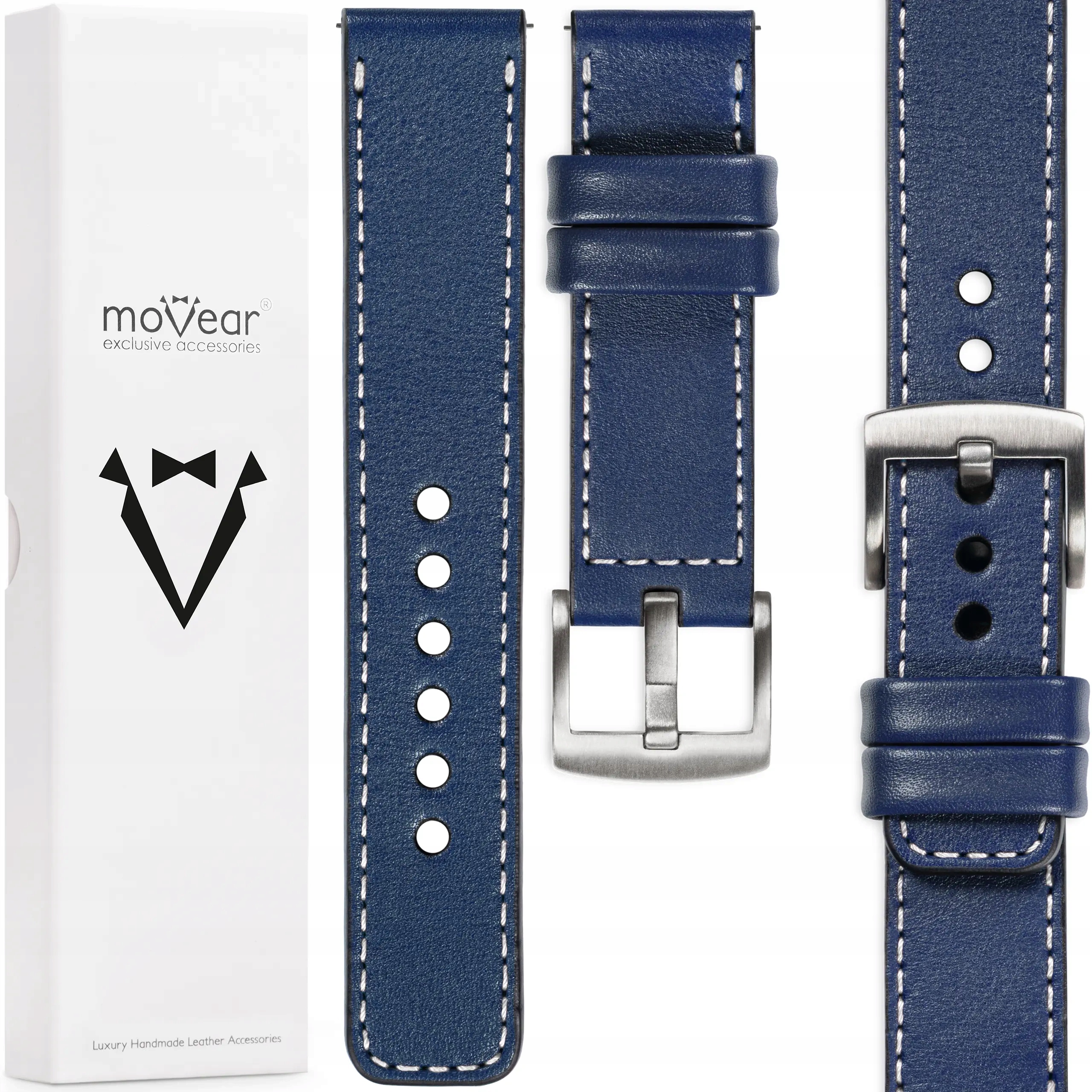 Kožený opasek 23 mm pro elegantní hodinky Italská kůže Movear Tmavě modrá