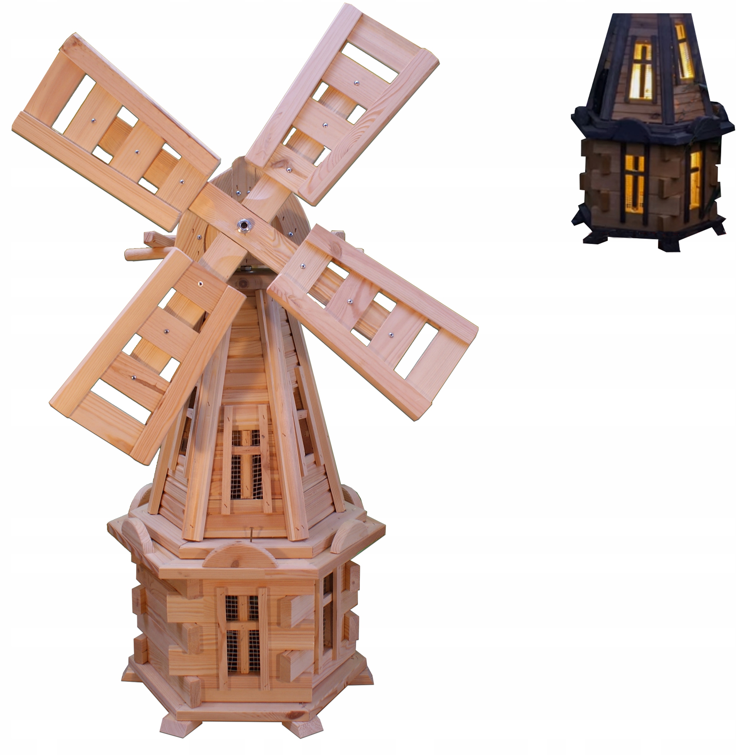 Zahradní větrný mlýn s Led solárním osvětlením, 100 cm, dřevěný, pro zahradu