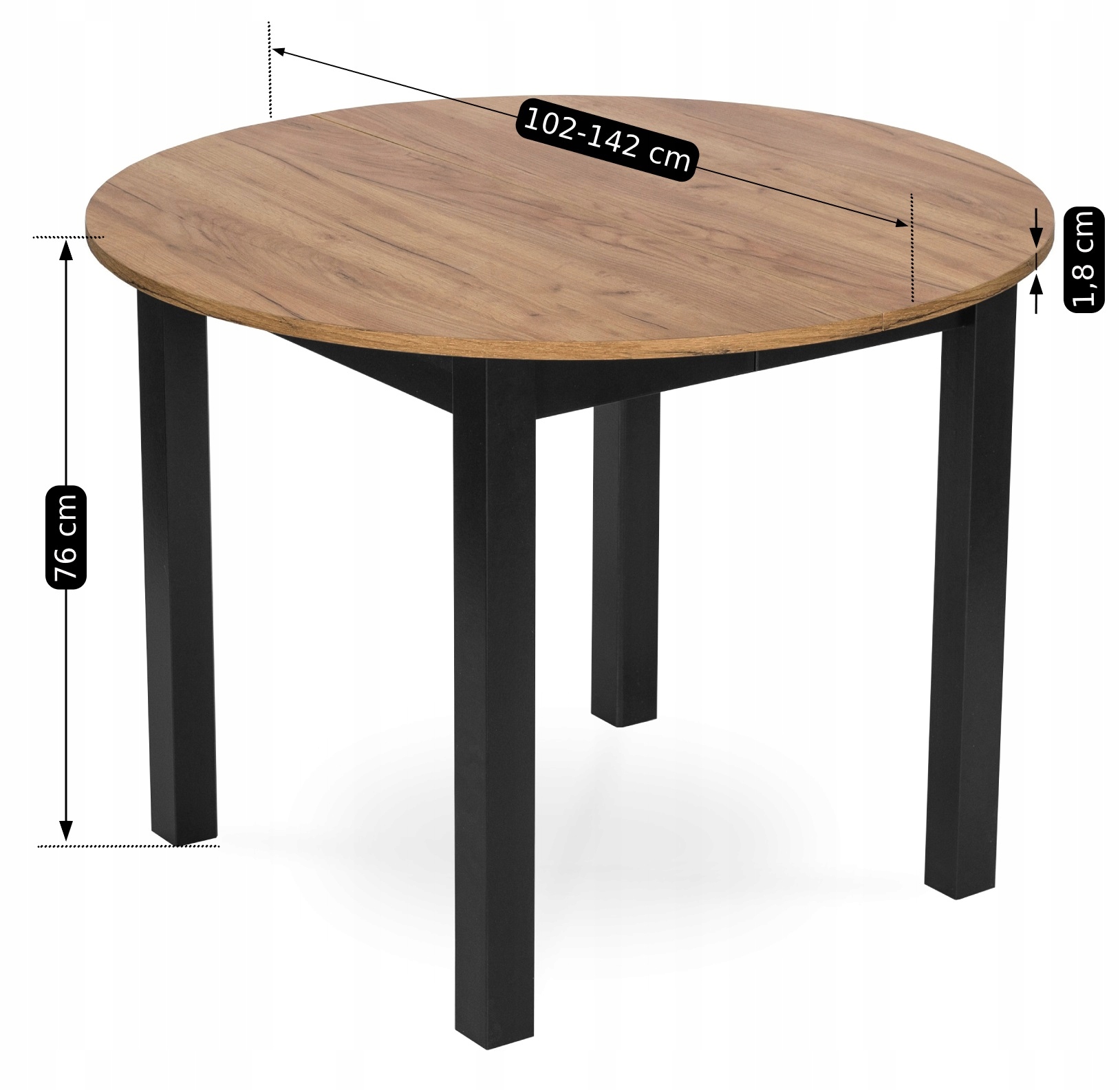 Stół Okrągły Rozkładany Kuchenny Do Jadalni Salonu Loft Craft Czarny HARRY Wysokość mebla 76 cm