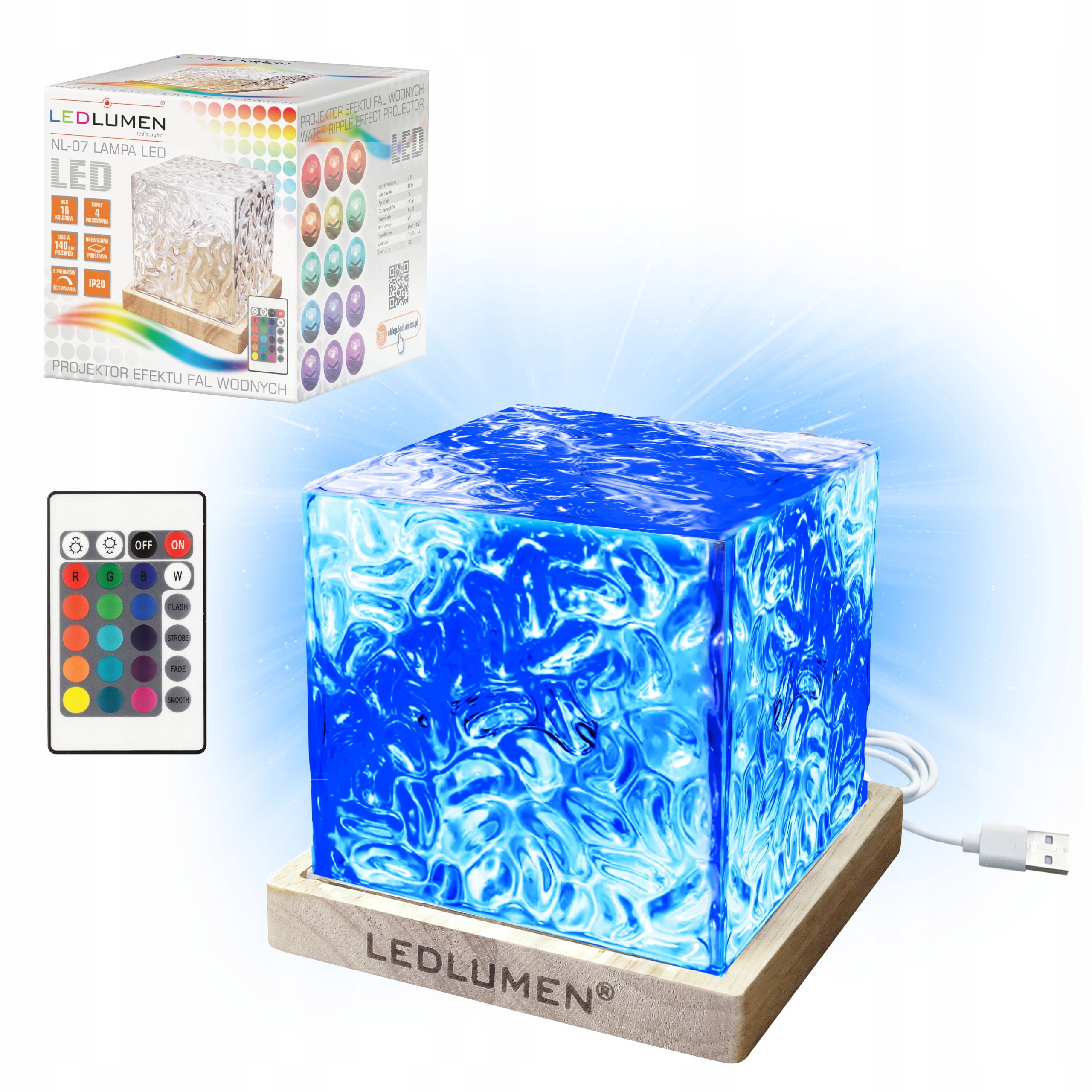 Lampka Nocna Projektor Fal Wodnych LED RGB Pilot Zorza Prezent Drewno USB