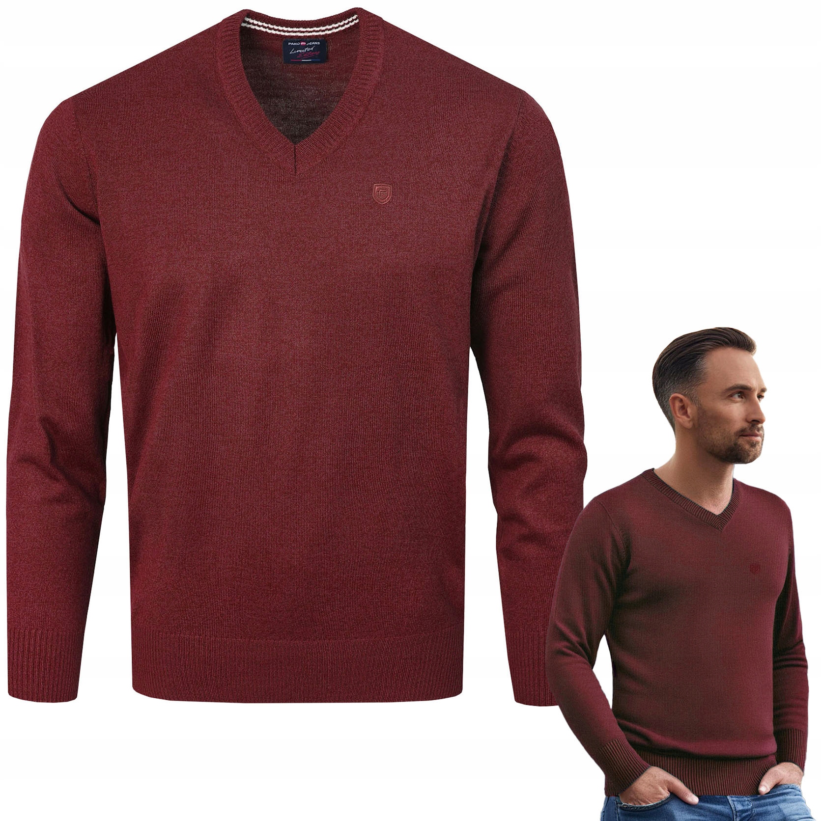 Pánský svetr se sýrem Elegantní hladký Bordový melír XXL Pako Jeans