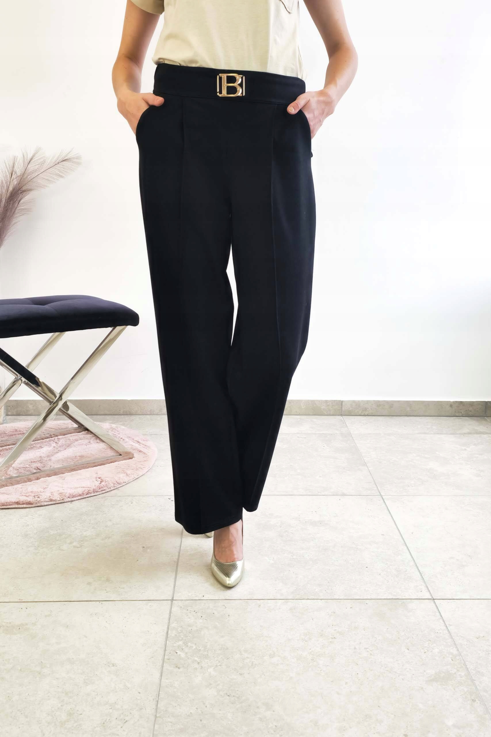 Elegantní dámské kalhoty s přezkou a písmenem B, černé, velikost 40