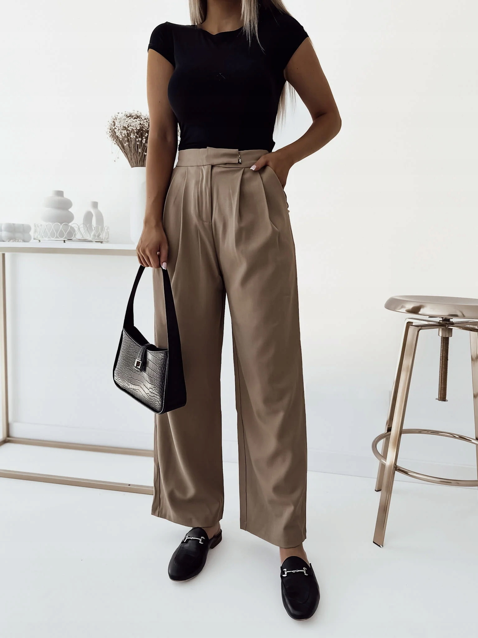 Elegantní kalhoty s vysokým pasem Camel Style Class L