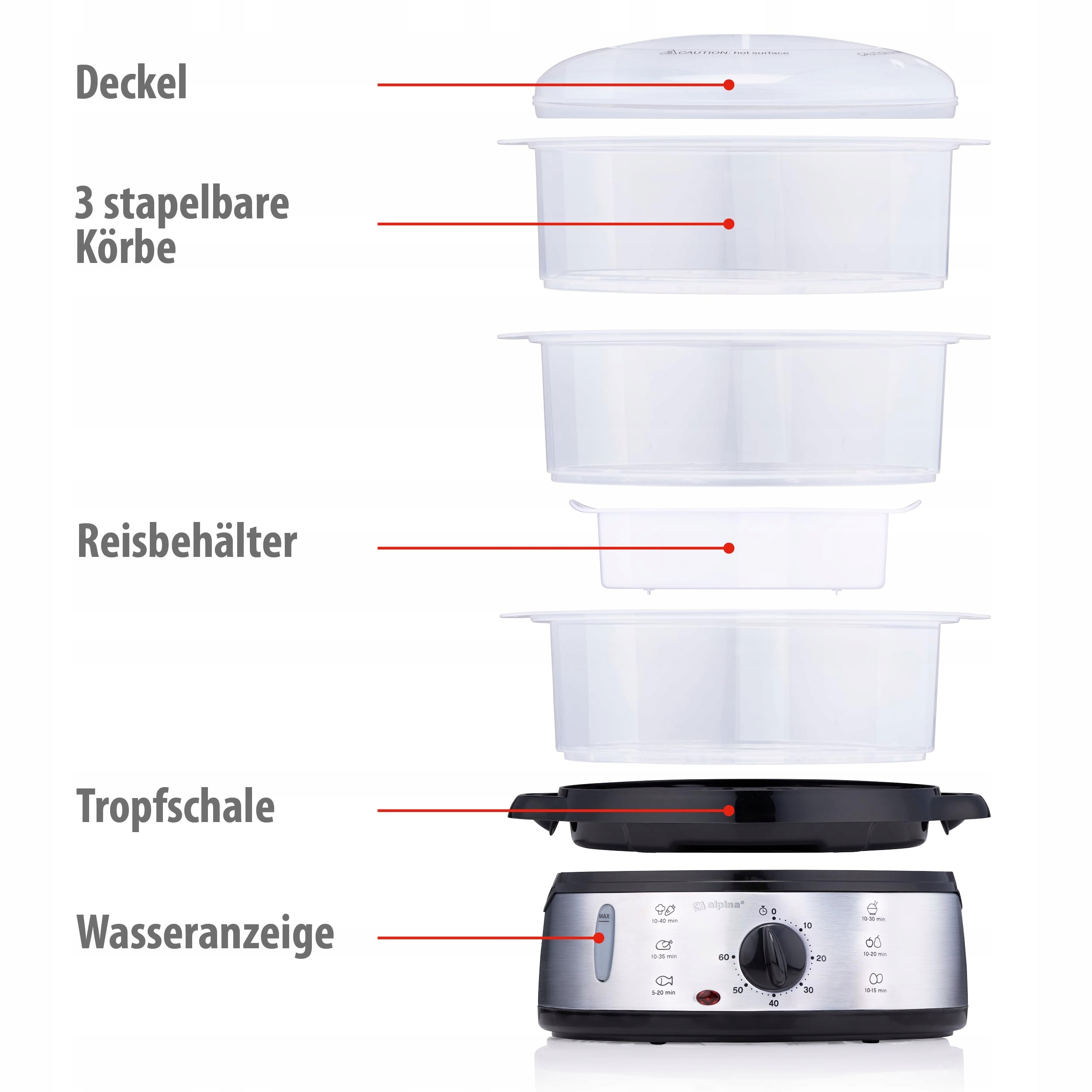 ALPINA Parowar 230V 800W 3 Poziomy BPA Free 9L Szary Plastik RVS — miniatura 2