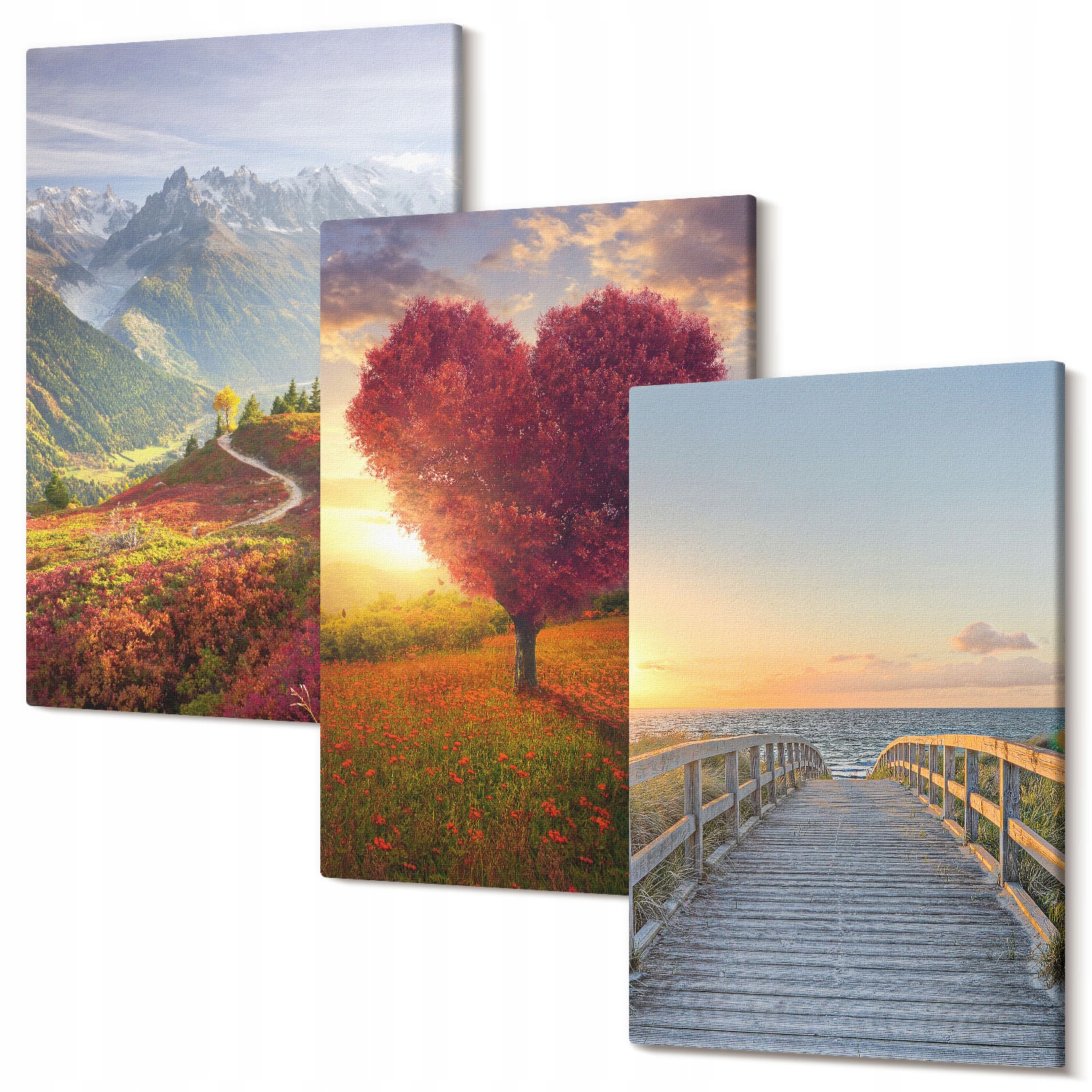 Triptych k zavěšení na zeď Krajina hor strom srdce molo 60x40 cm